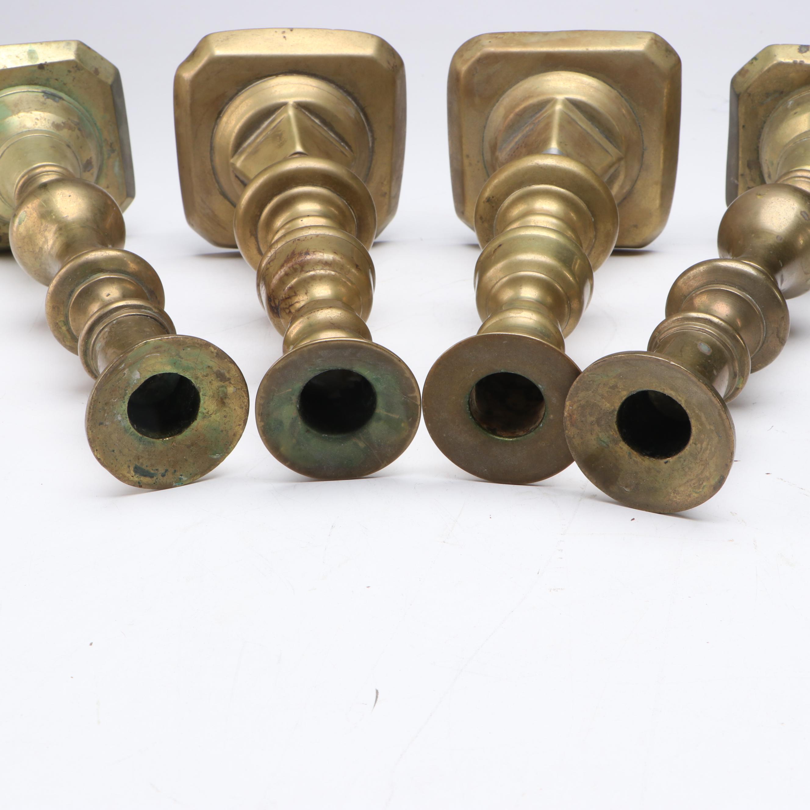 English Brass Candlestick Pairs with Push-ups, Antique