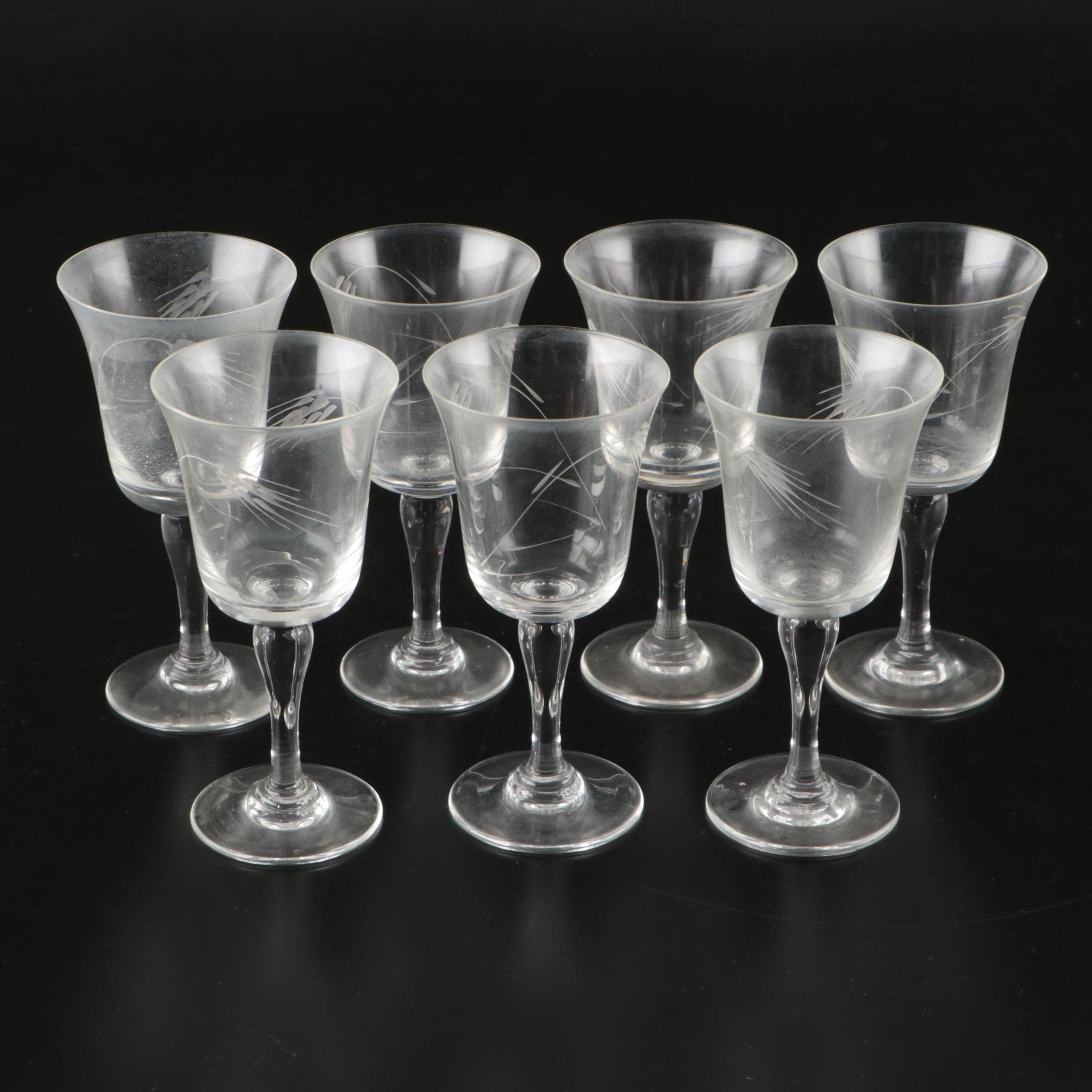Mid Century Modern Style Etched Wheat Pattern Wine Glasses