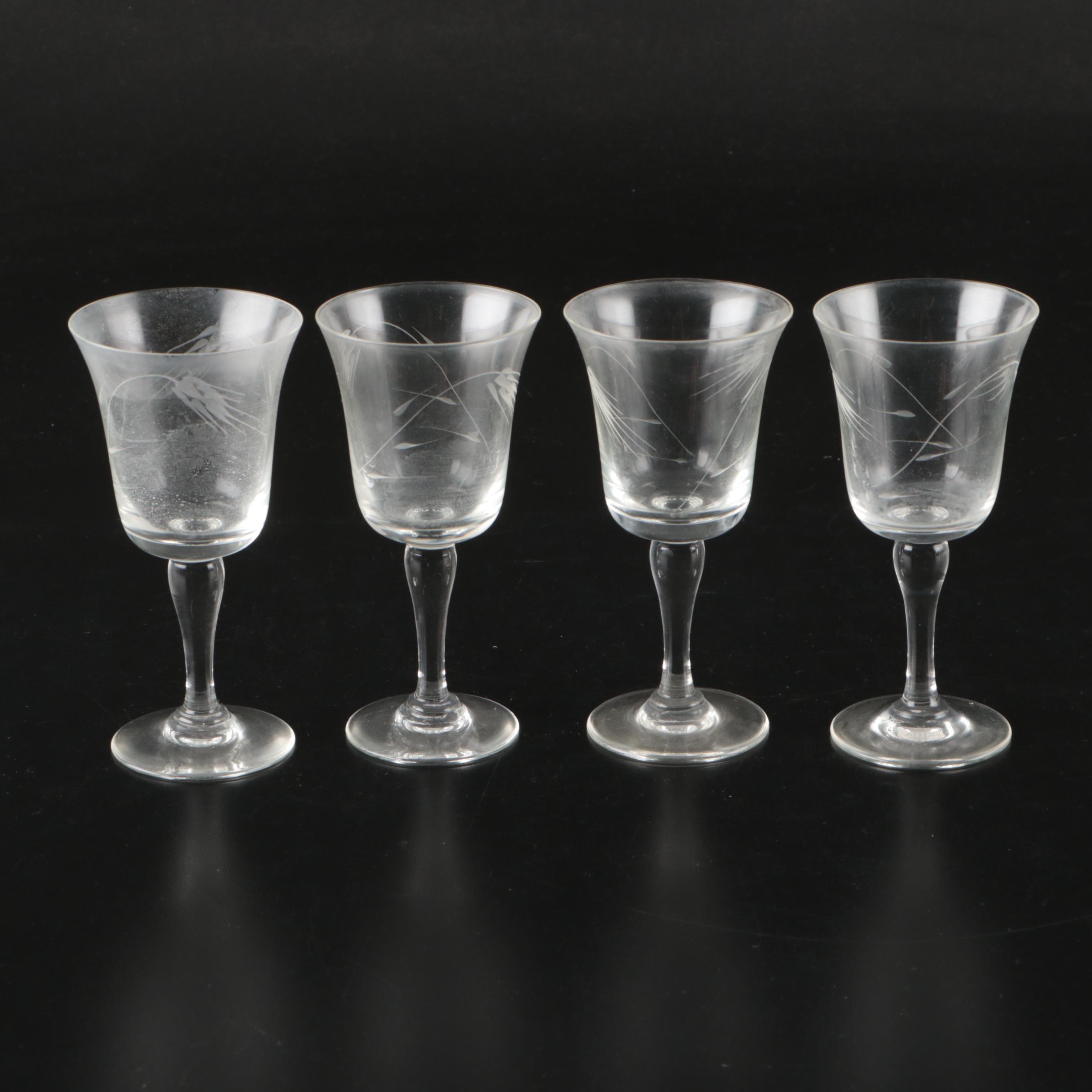 Mid Century Modern Style Etched Wheat Pattern Wine Glasses