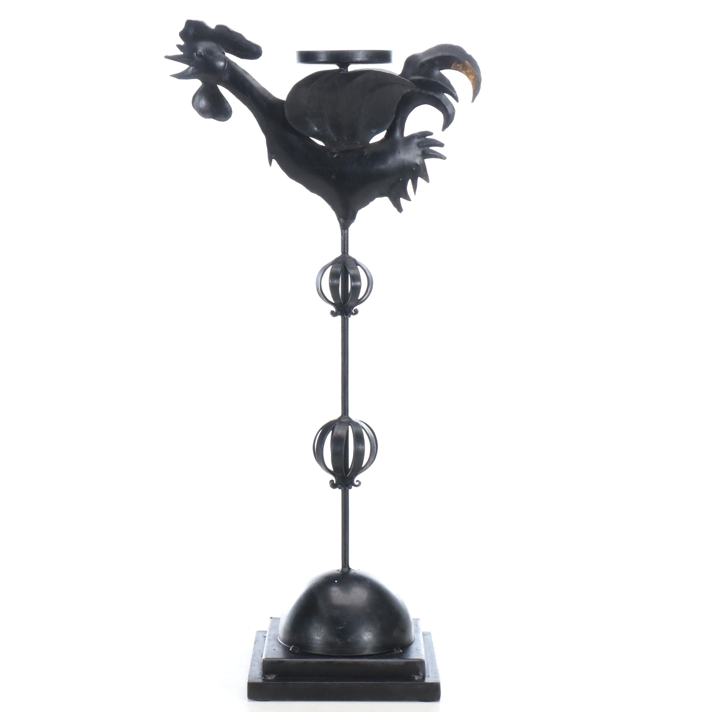 Folk Art Style Wrought Iron Rooster Pillar Candle Holder