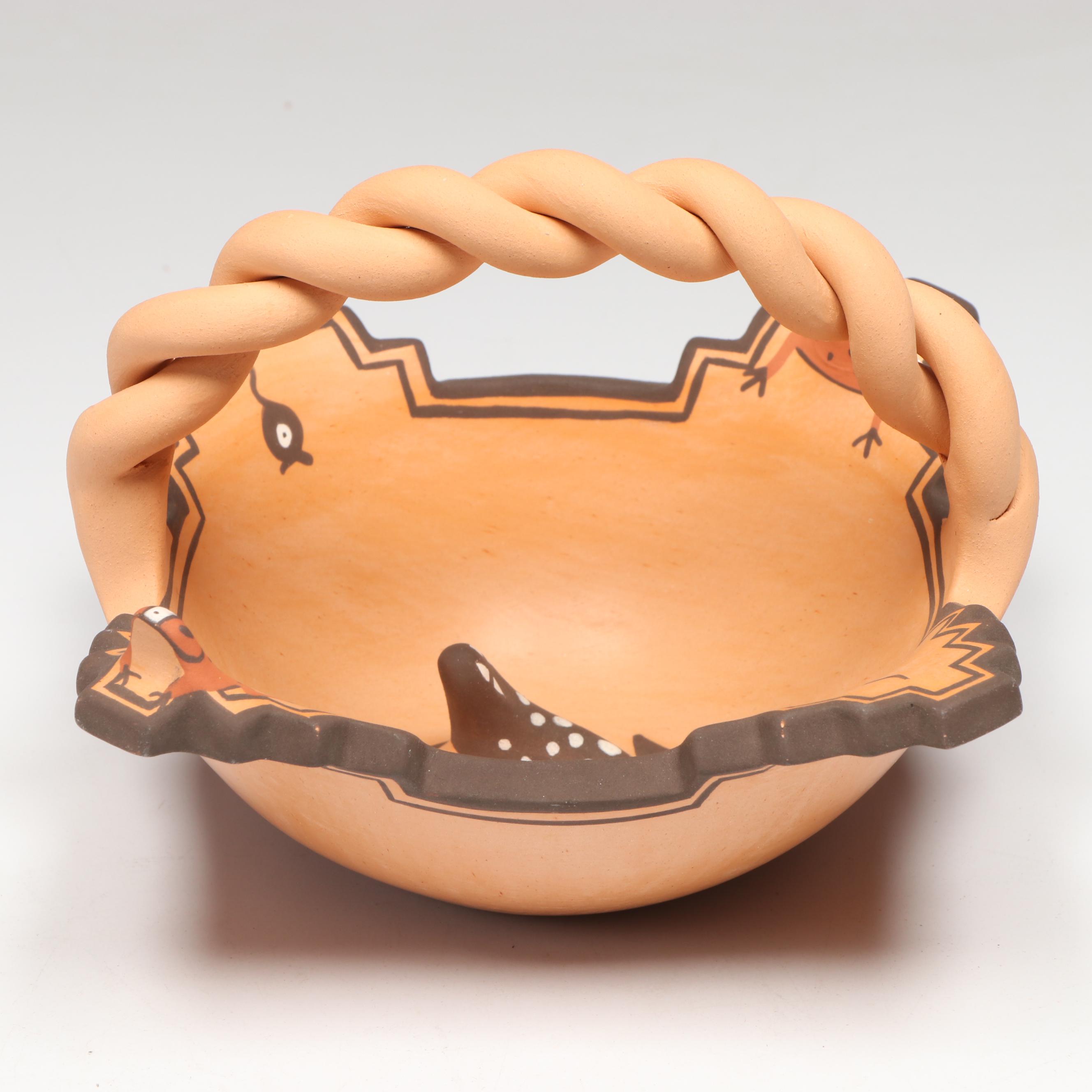Agnes Peynetsa Zuni Pottery Basket with Lizard, Frogs, and Tadpoles, 2007