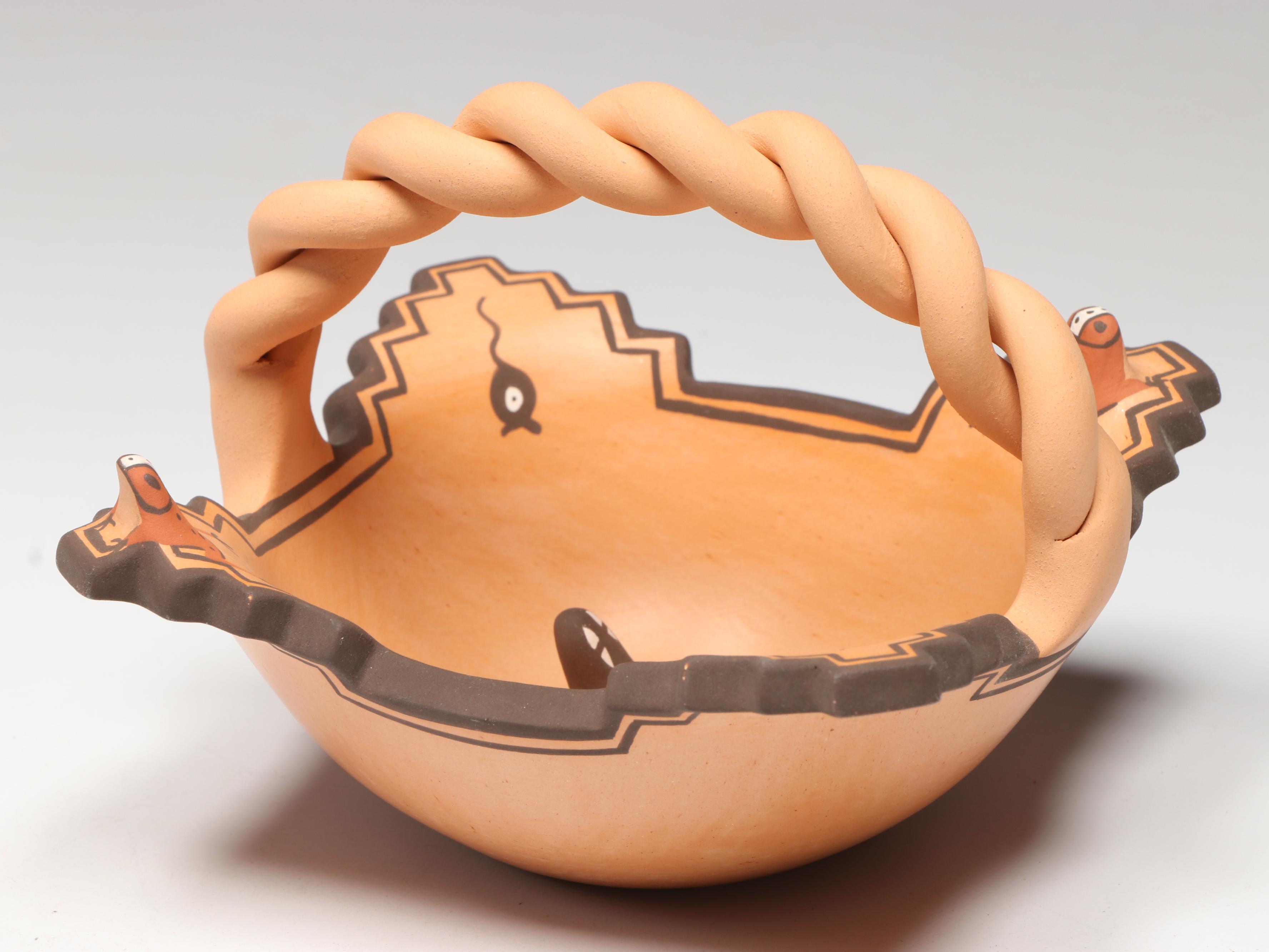 Agnes Peynetsa Zuni Pottery Basket with Lizard, Frogs, and Tadpoles, 2007