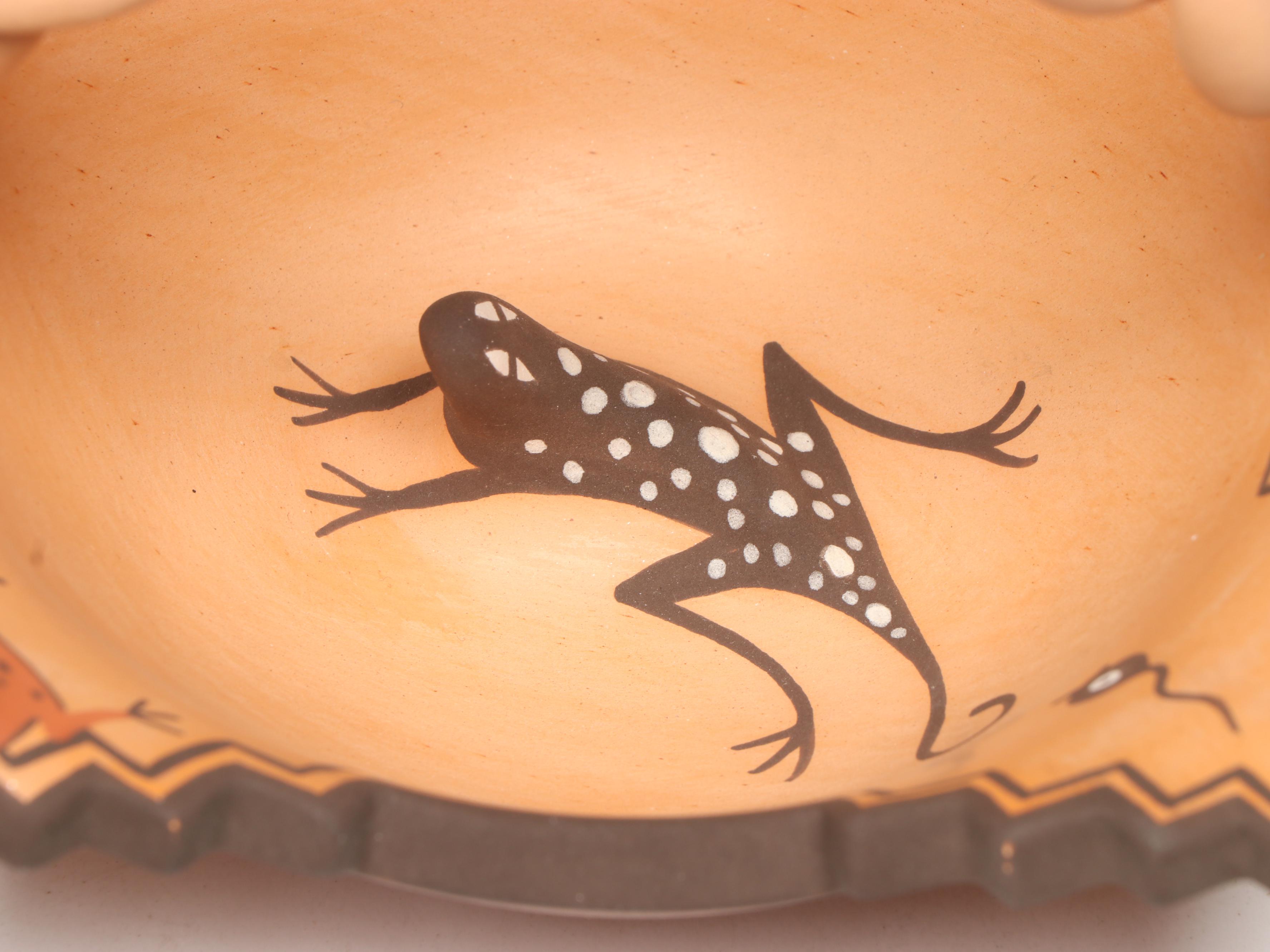 Agnes Peynetsa Zuni Pottery Basket with Lizard, Frogs, and Tadpoles, 2007