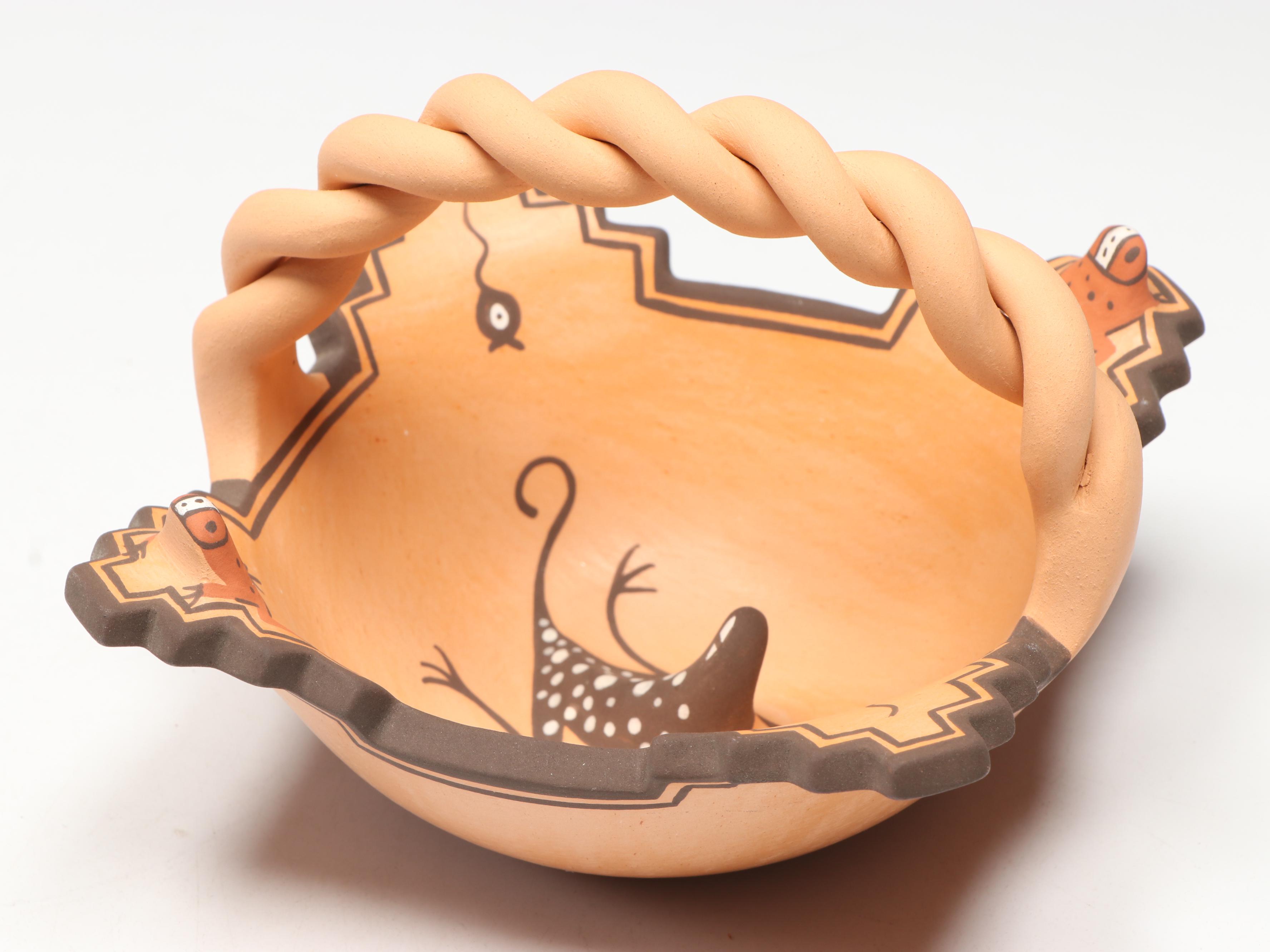 Agnes Peynetsa Zuni Pottery Basket with Lizard, Frogs, and Tadpoles, 2007