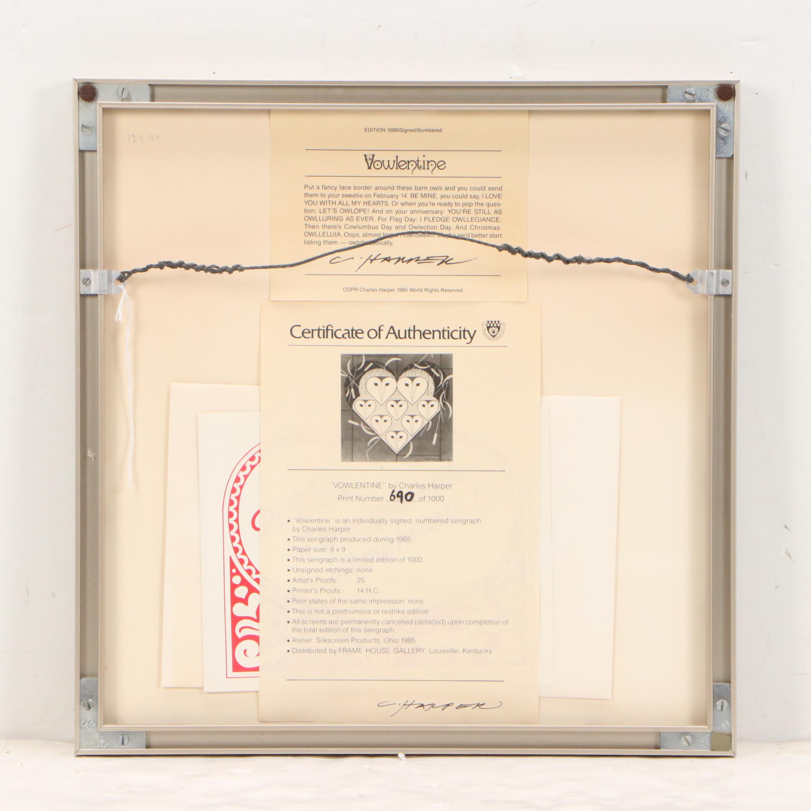 Charley Harper Serigraph "Vowlentine," 1984