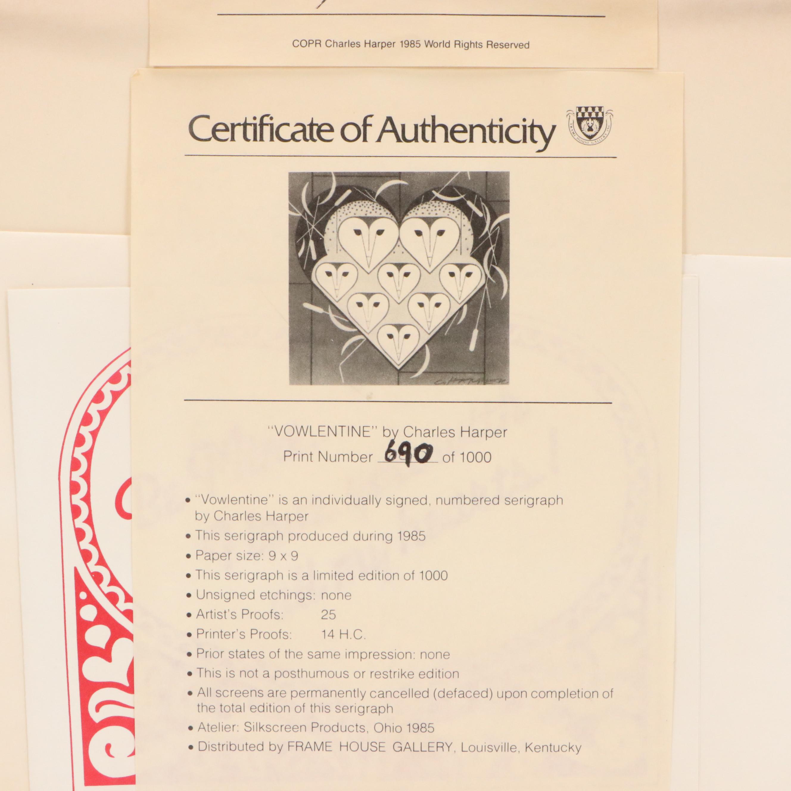 Charley Harper Serigraph "Vowlentine," 1984