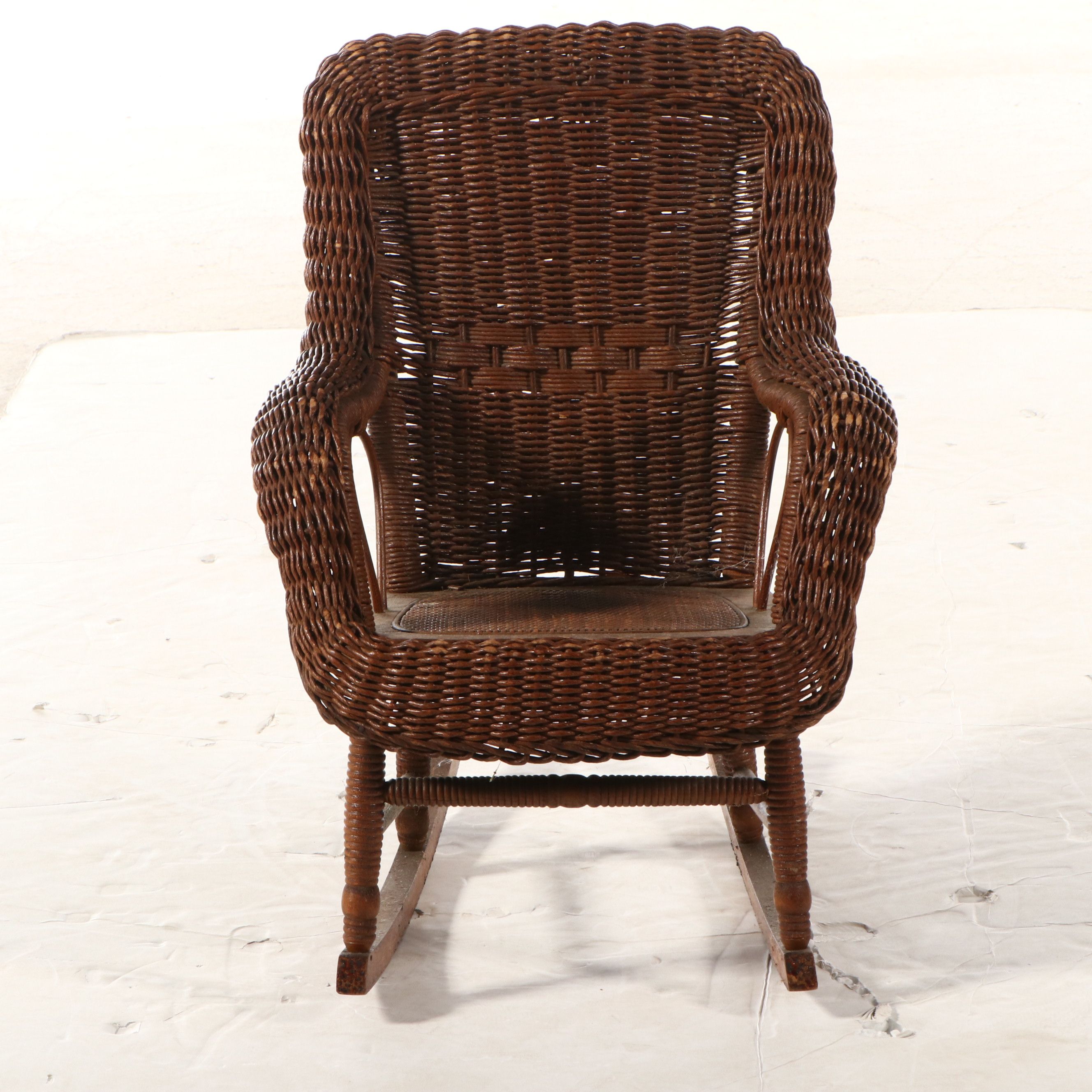 Late Victorian Paper Rush Wicker Child's Rocking Chair with Woven Cane Seat