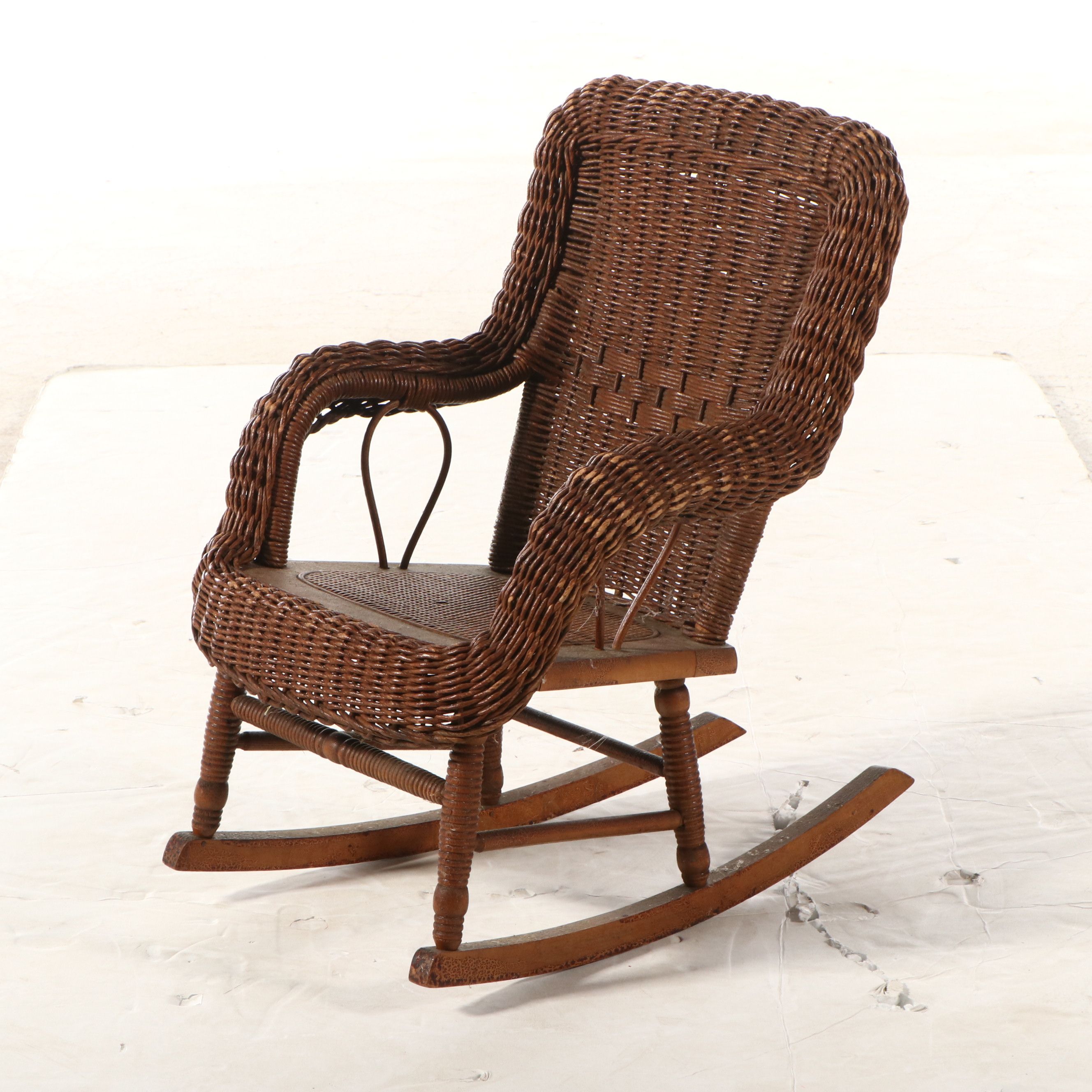 Late Victorian Paper Rush Wicker Child's Rocking Chair with Woven Cane Seat