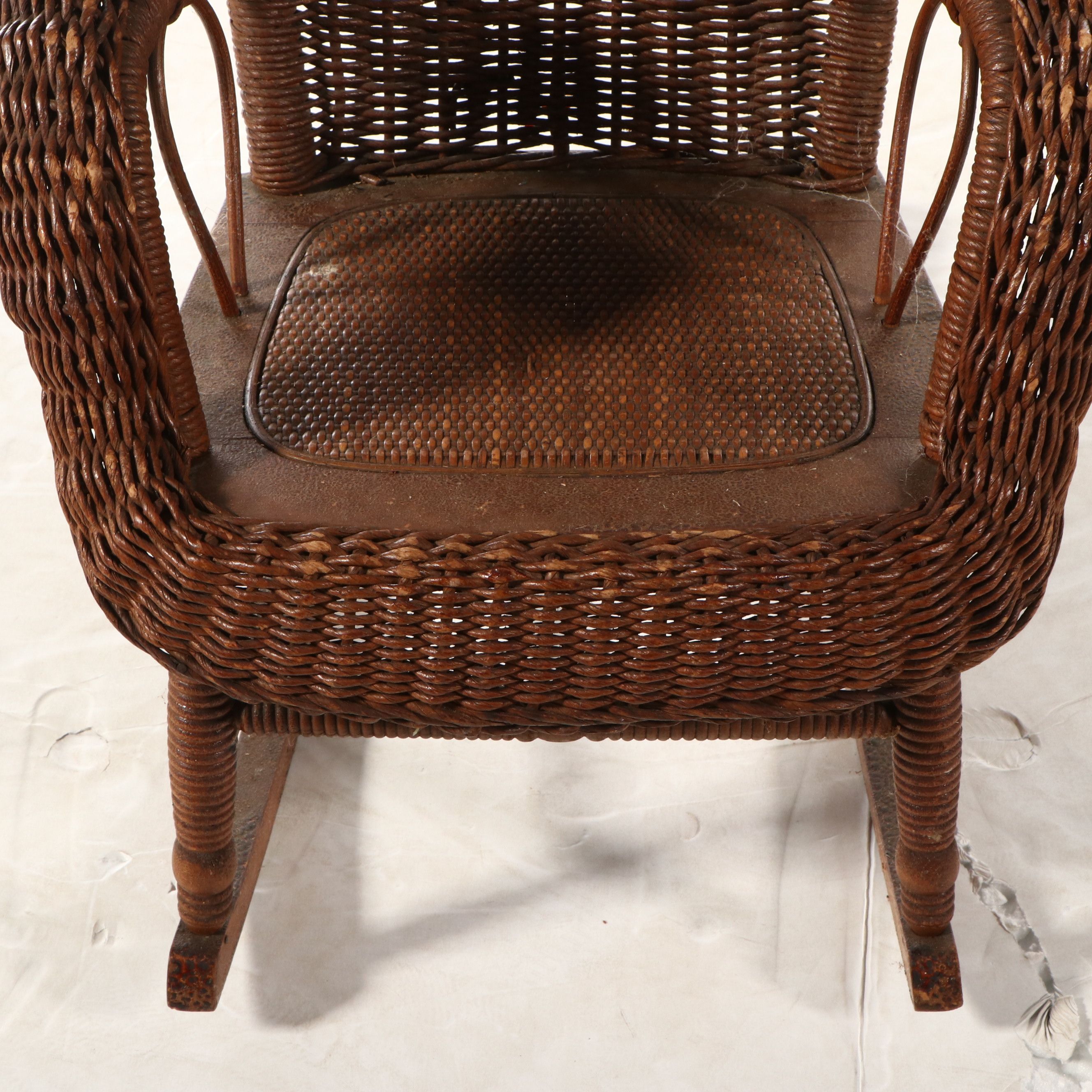 Late Victorian Paper Rush Wicker Child's Rocking Chair with Woven Cane Seat