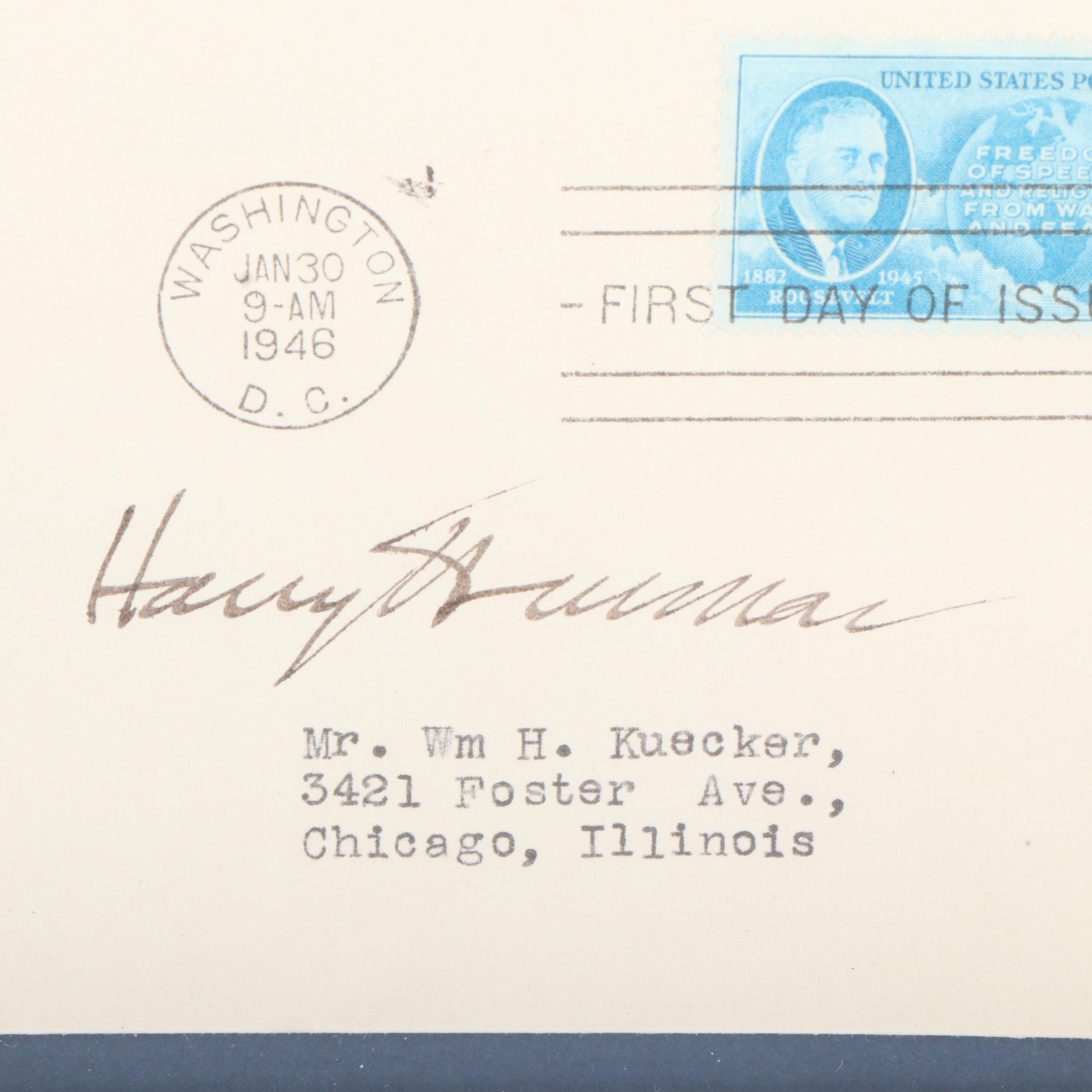 Harry S. Truman Signed Franklin D. Roosevelt Memorial Cachet with Display