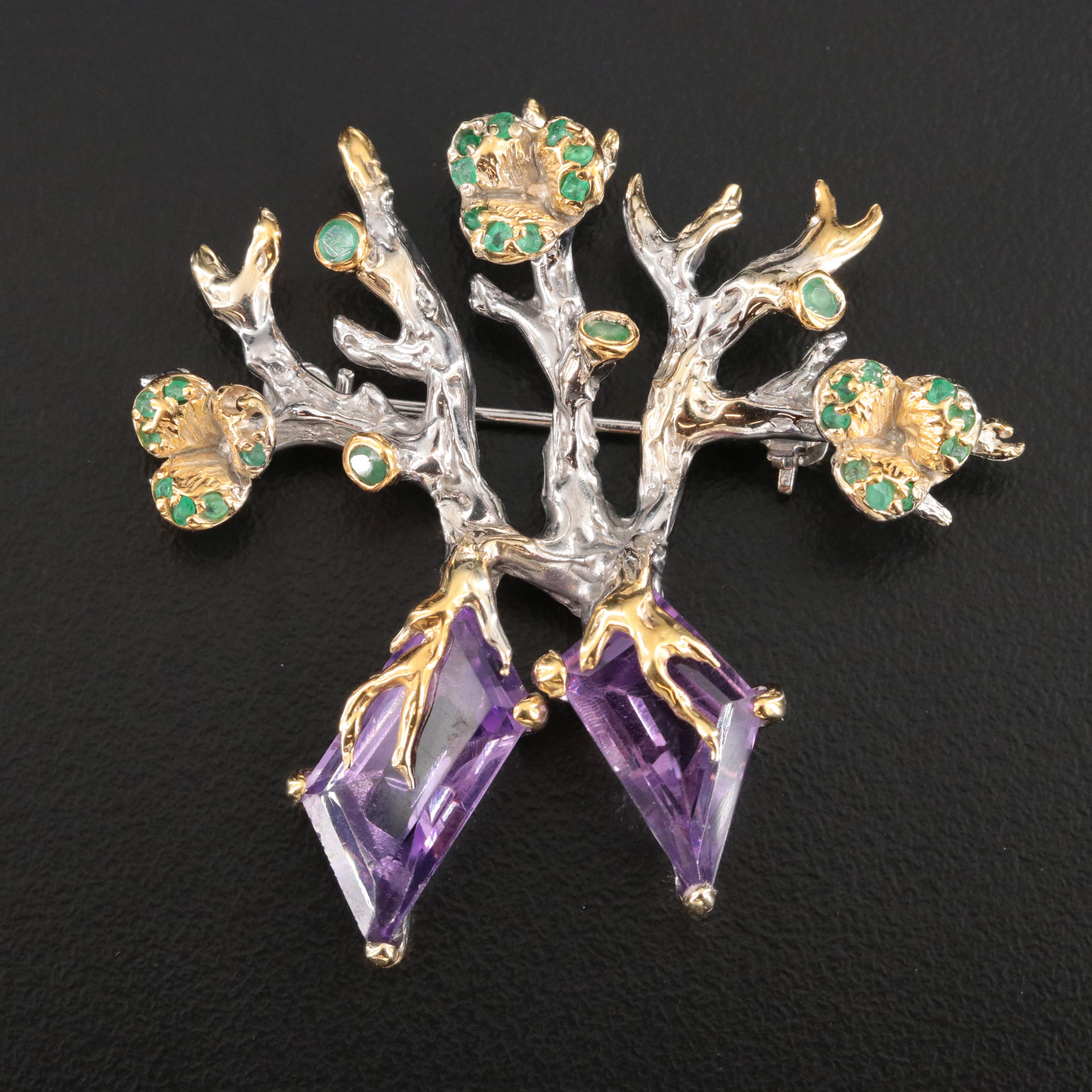 Sterling Amethyst and Emerald  Flower Tree Brooch