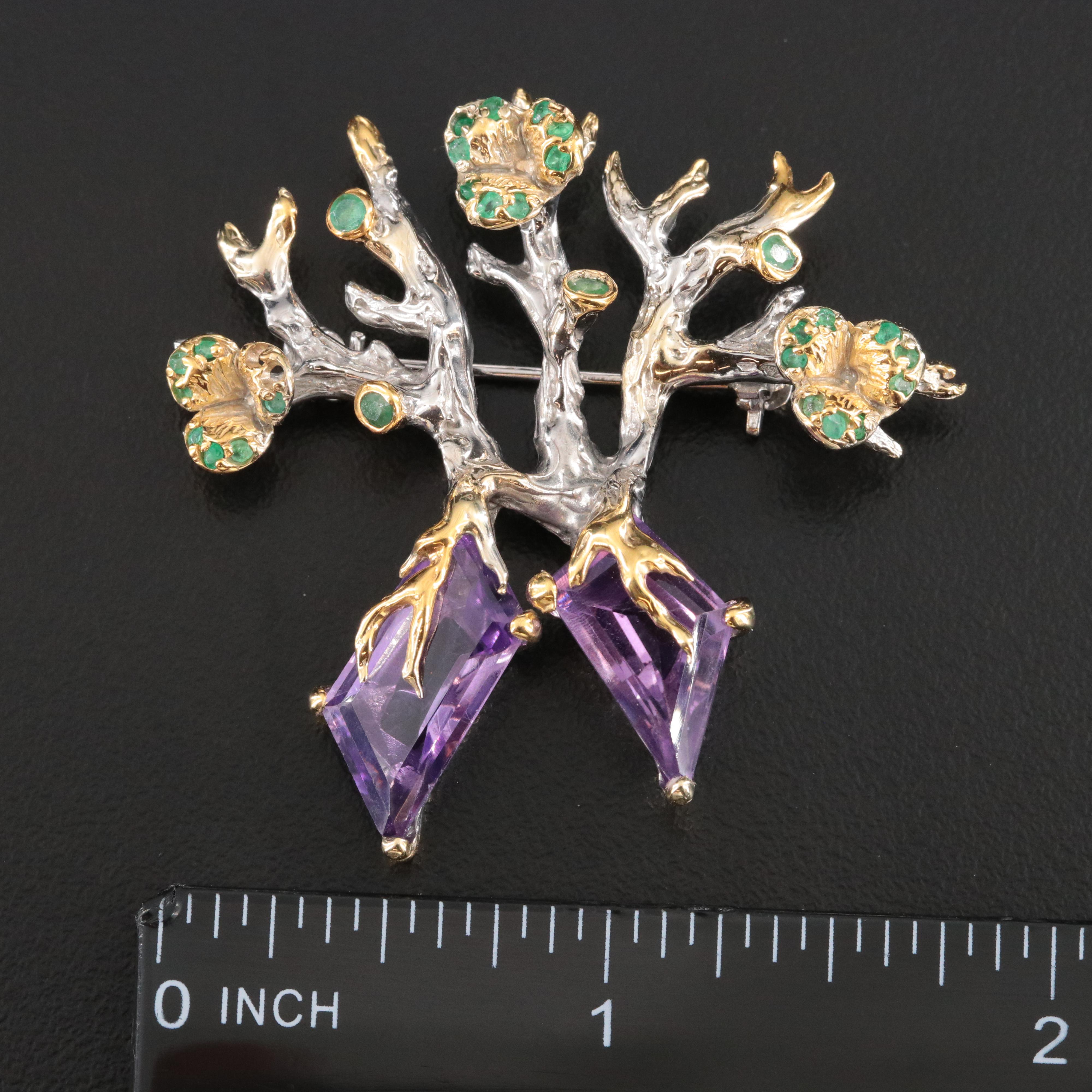 Sterling Amethyst and Emerald  Flower Tree Brooch