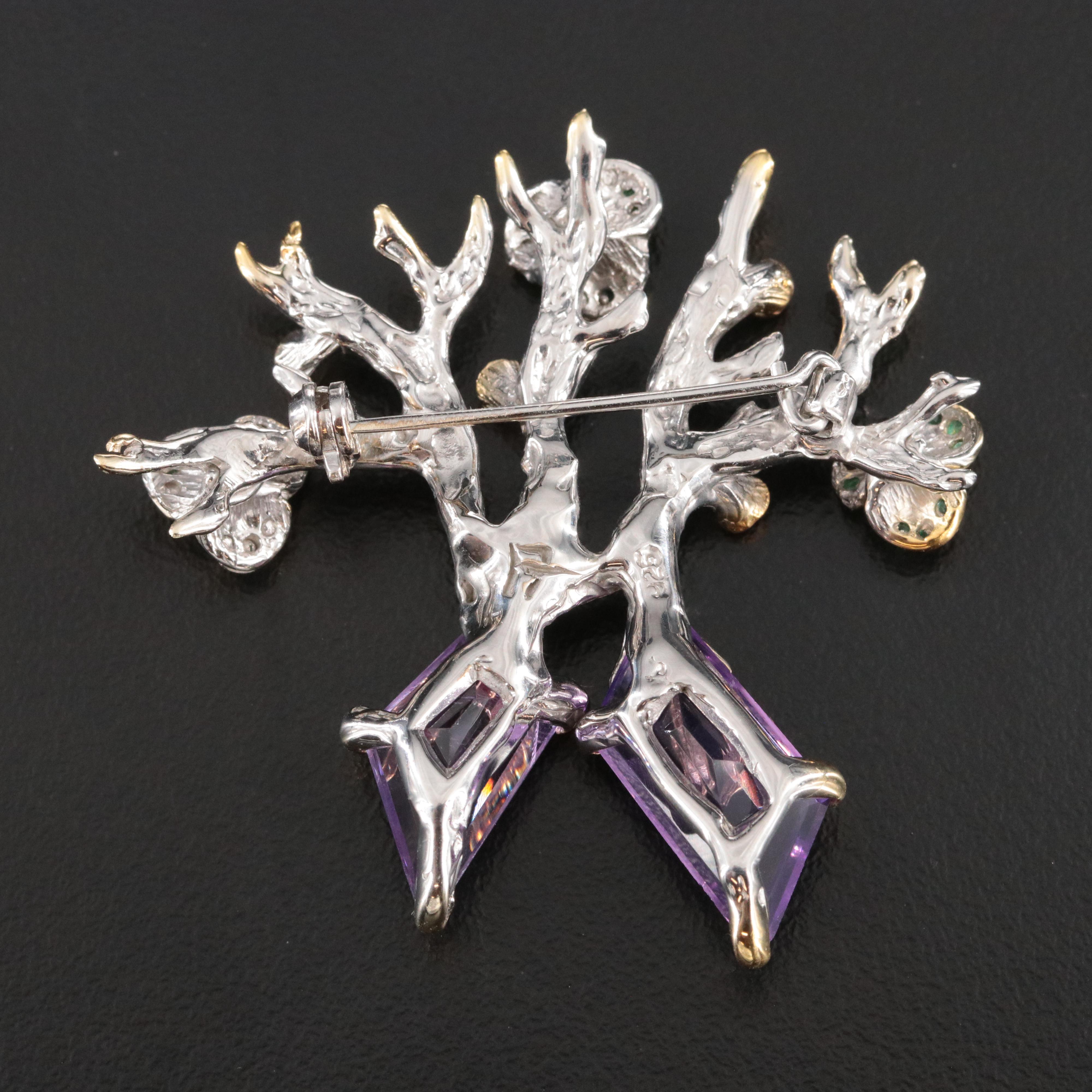 Sterling Amethyst and Emerald  Flower Tree Brooch