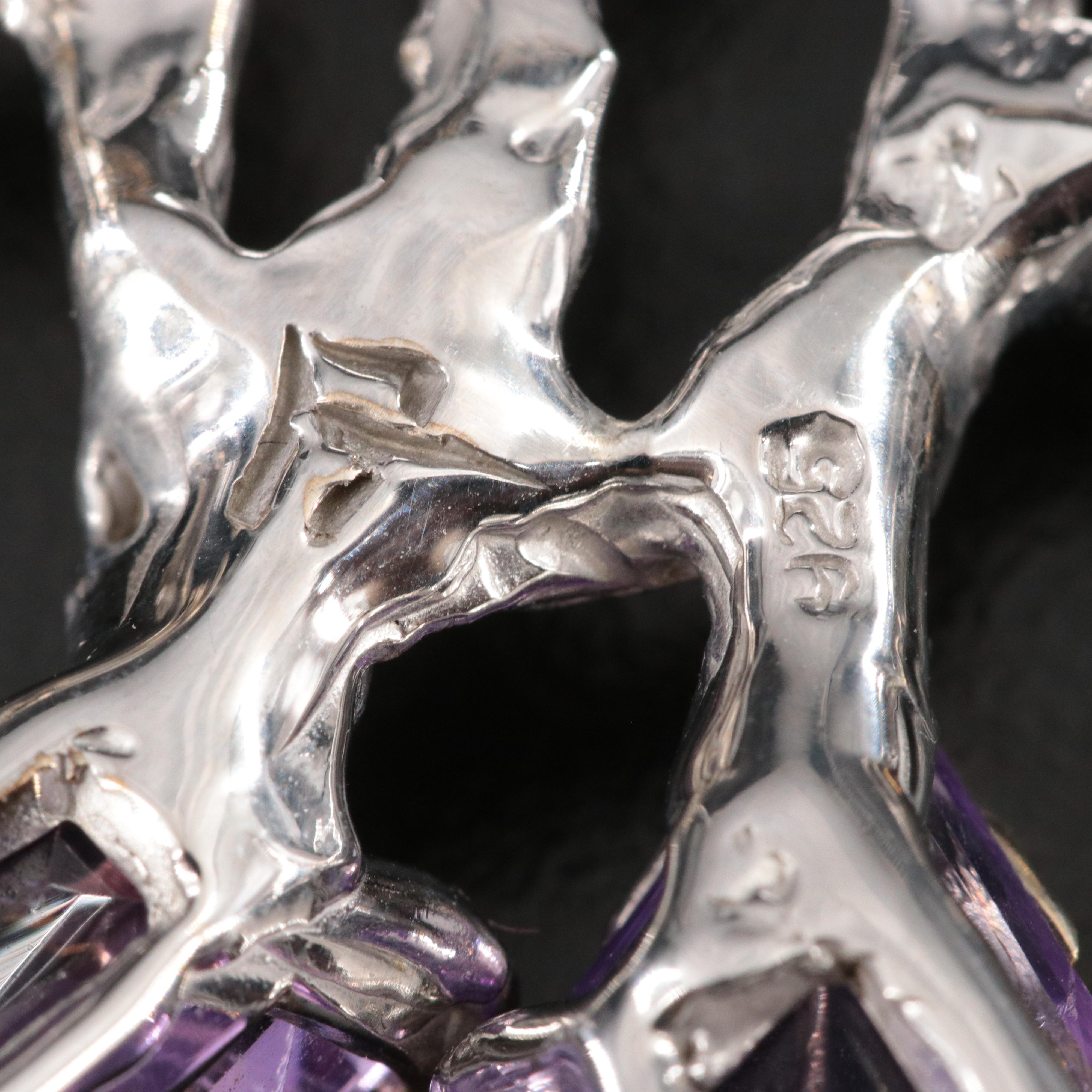 Sterling Amethyst and Emerald  Flower Tree Brooch