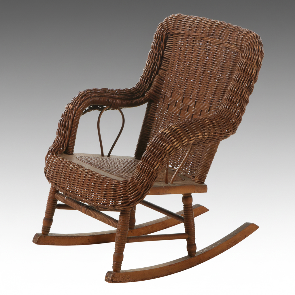 Late Victorian Paper Rush Wicker Child's Rocking Chair with Woven Cane Seat