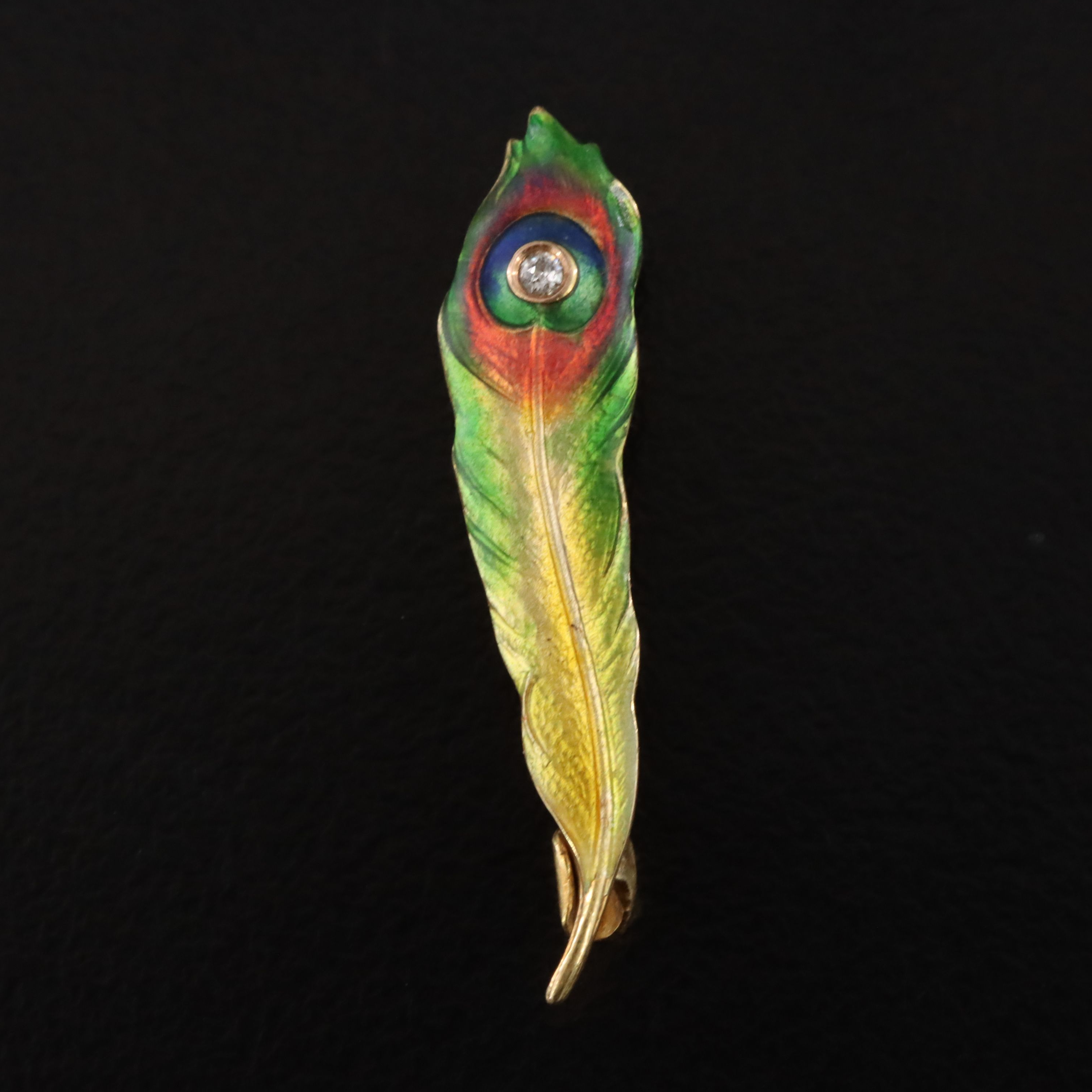 Antique Art Nouveau Krementz 14K Diamond Peacock Feather Pin