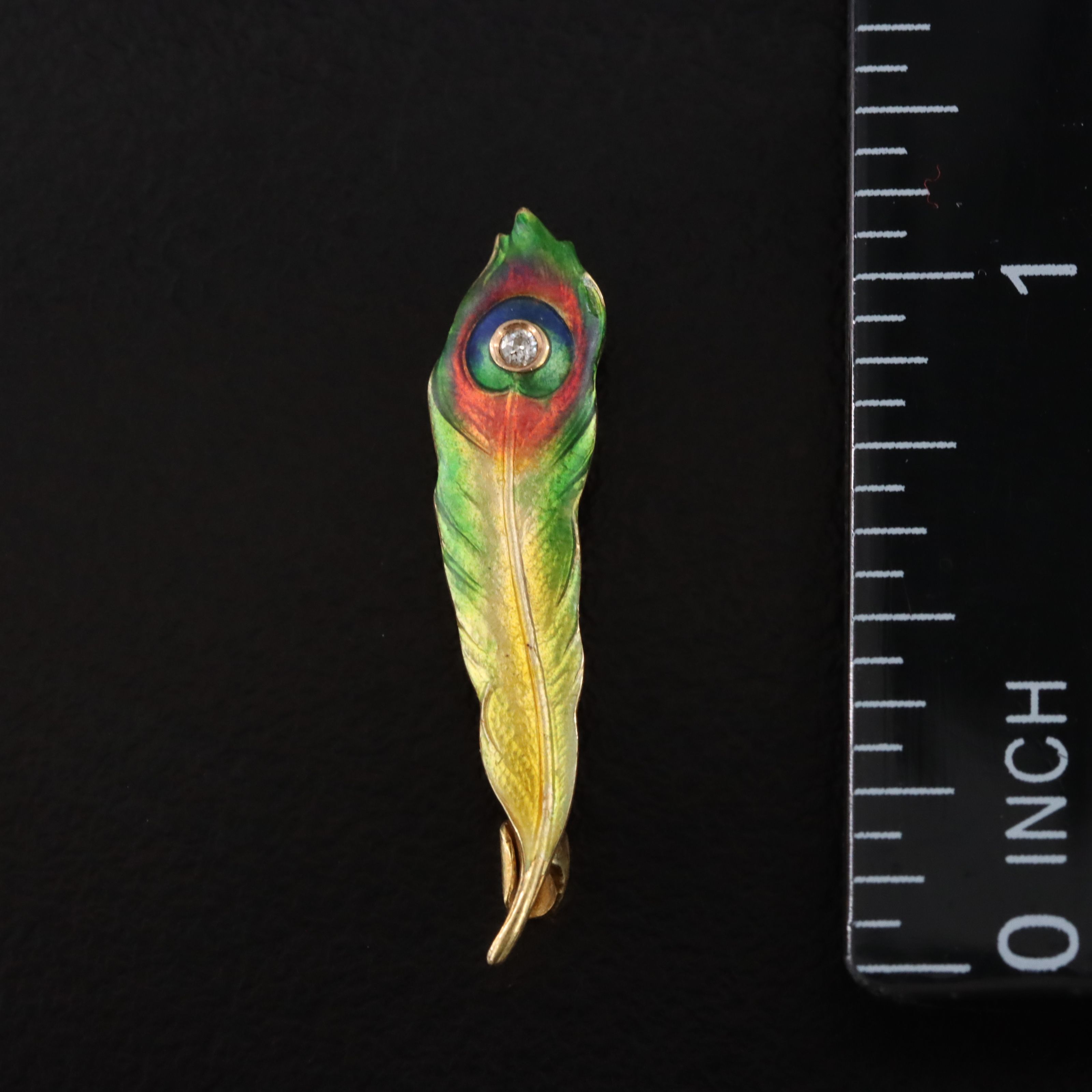 Antique Art Nouveau Krementz 14K Diamond Peacock Feather Pin
