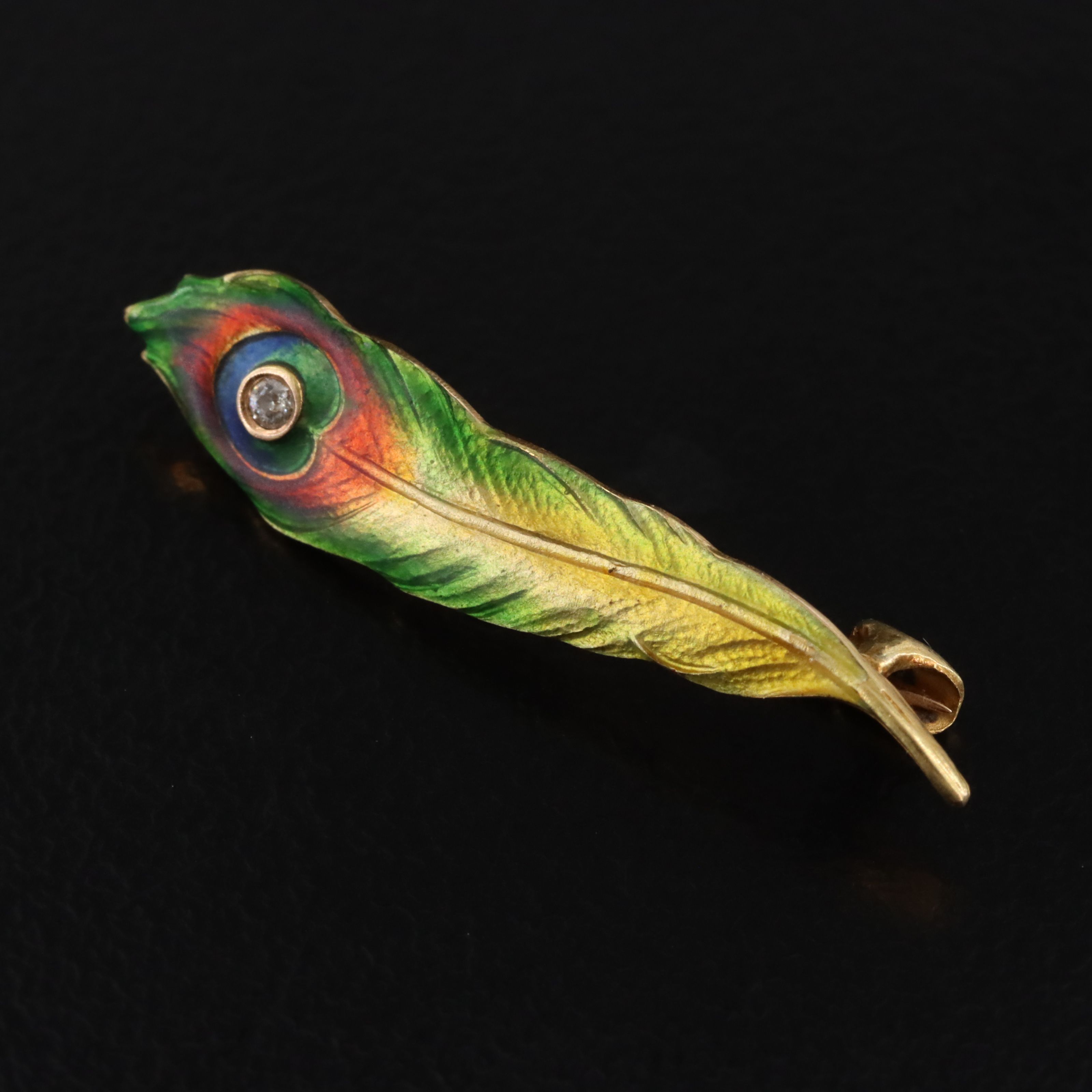 Antique Art Nouveau Krementz 14K Diamond Peacock Feather Pin