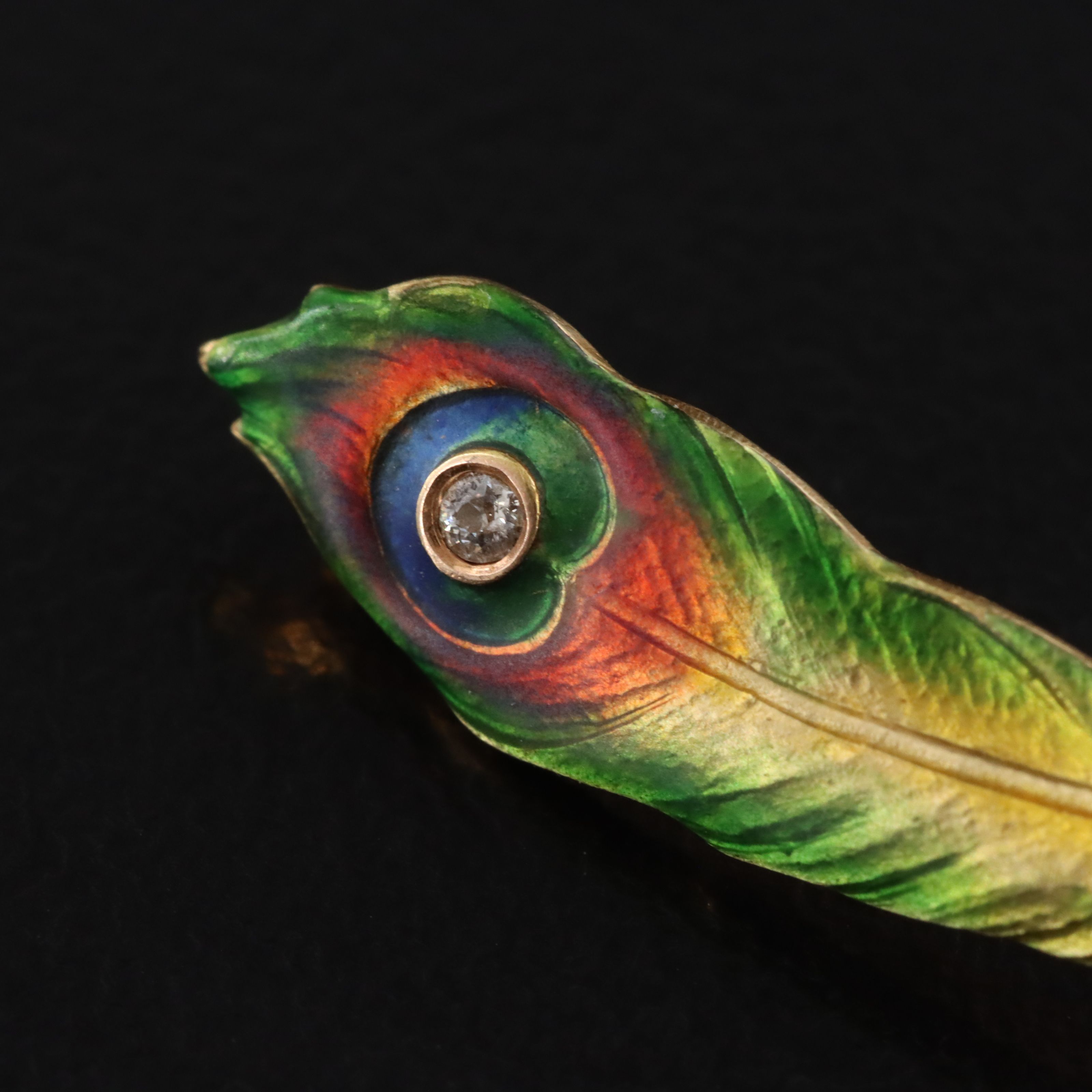 Antique Art Nouveau Krementz 14K Diamond Peacock Feather Pin