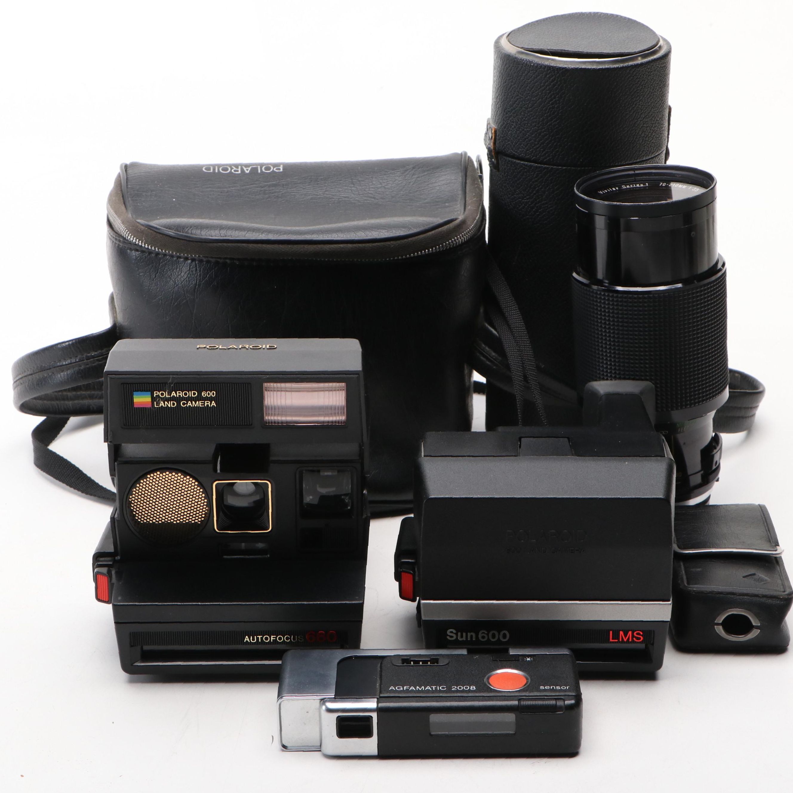 Autofocus 660, Sun 600 Polaroid Cameras, Agfa 2008 and Vivitar Series 1 Lens