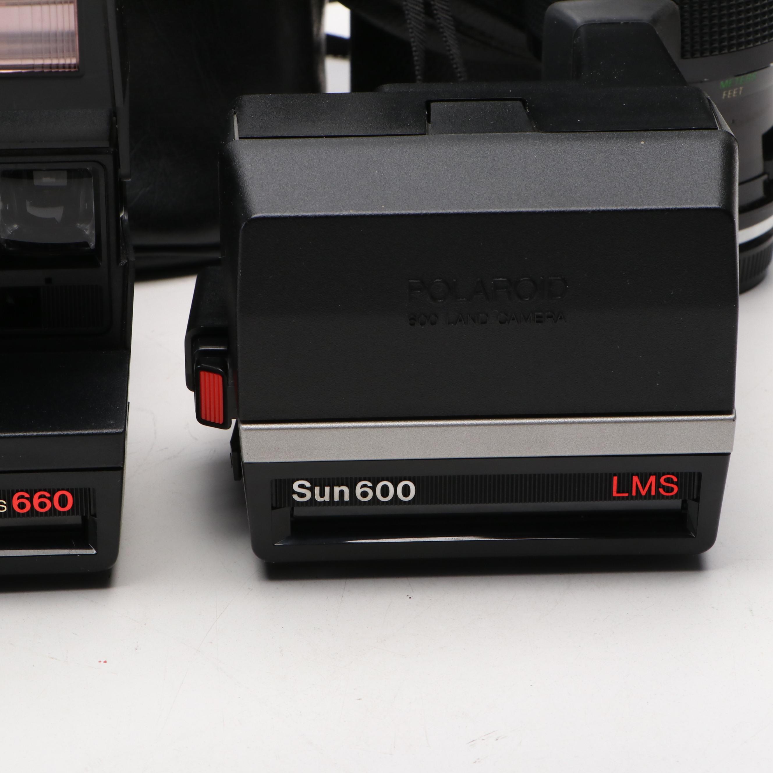 Autofocus 660, Sun 600 Polaroid Cameras, Agfa 2008 and Vivitar Series 1 Lens