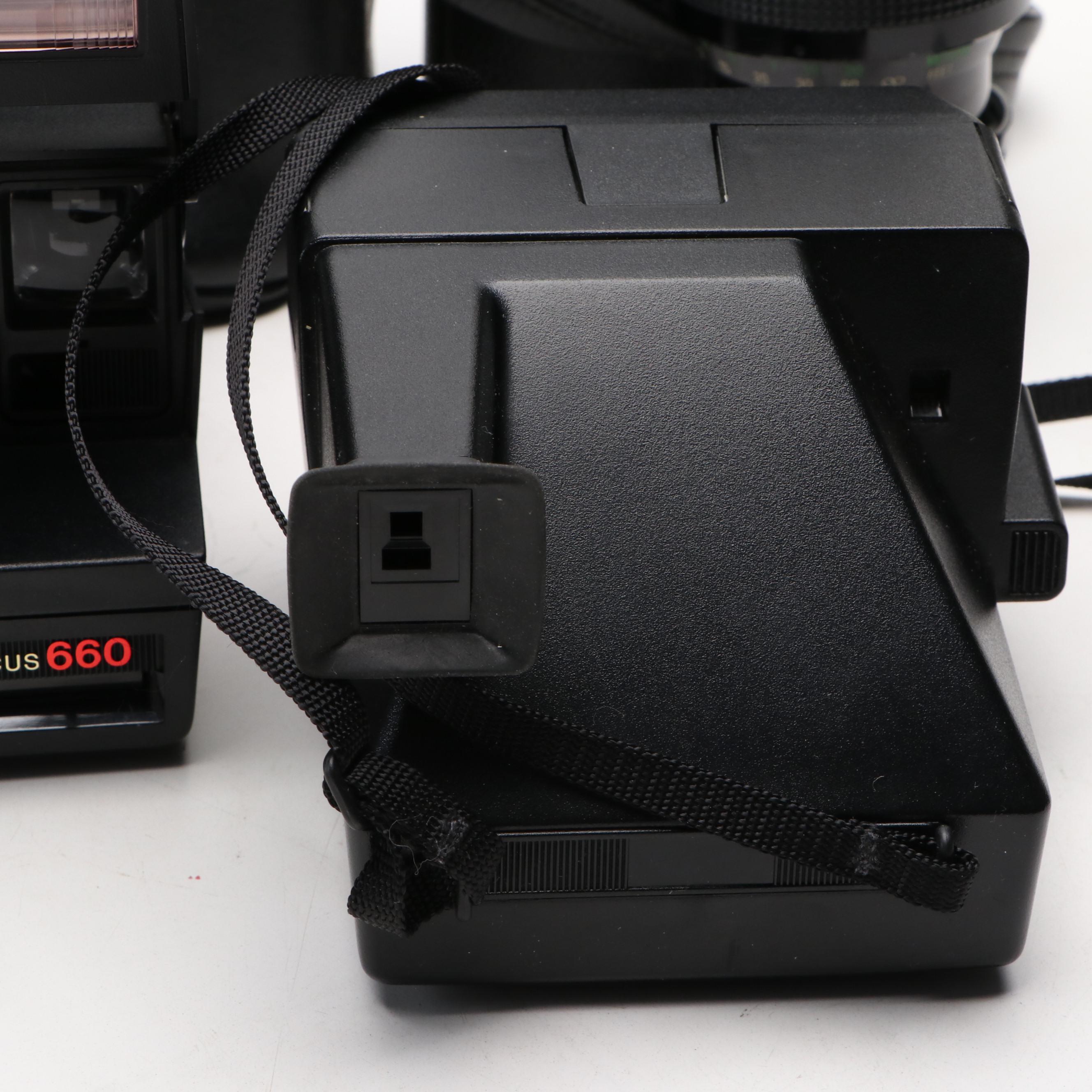 Autofocus 660, Sun 600 Polaroid Cameras, Agfa 2008 and Vivitar Series 1 Lens