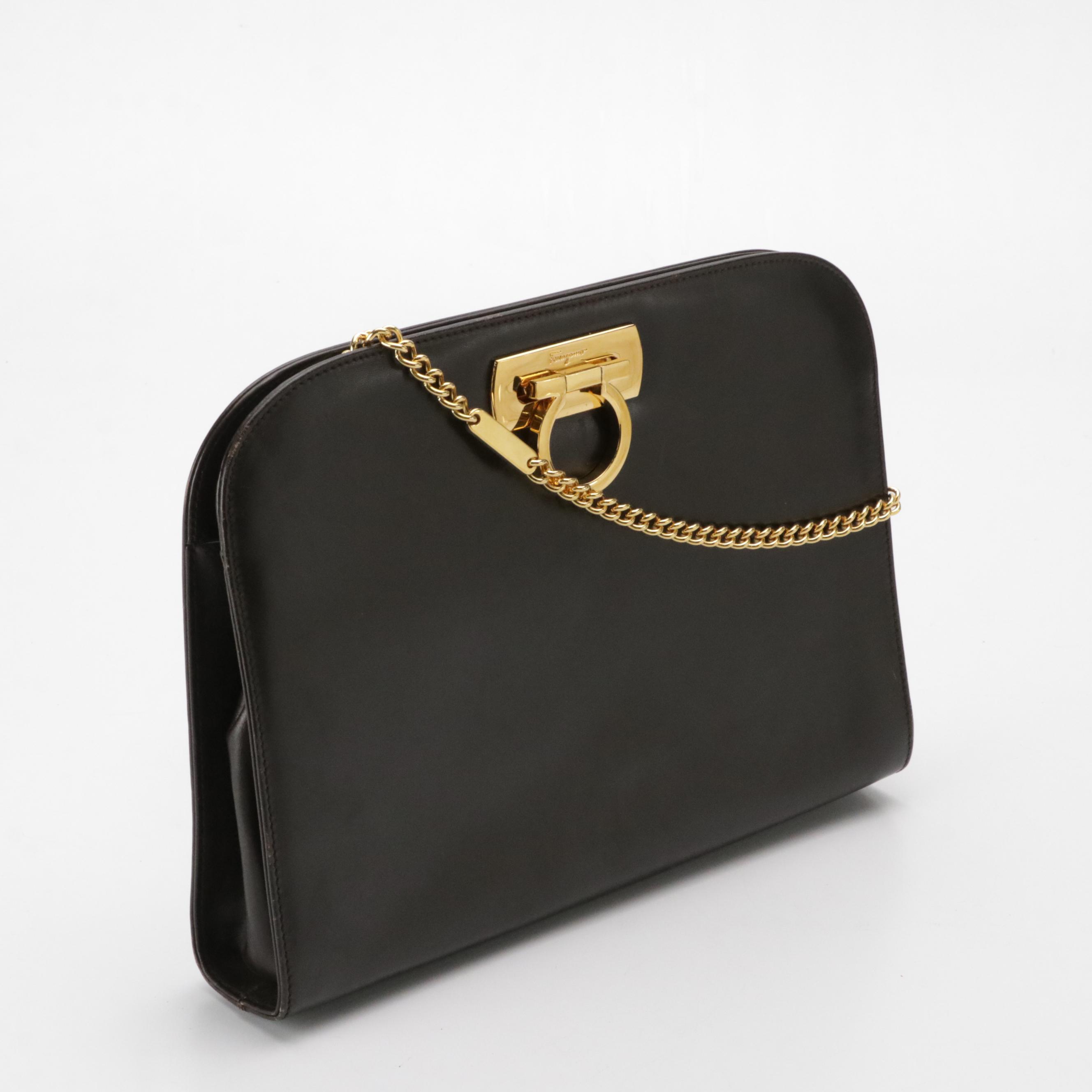 Salvatore Ferragamo Gancini Closure Chain Link Crossbody in Dark Brown Leather