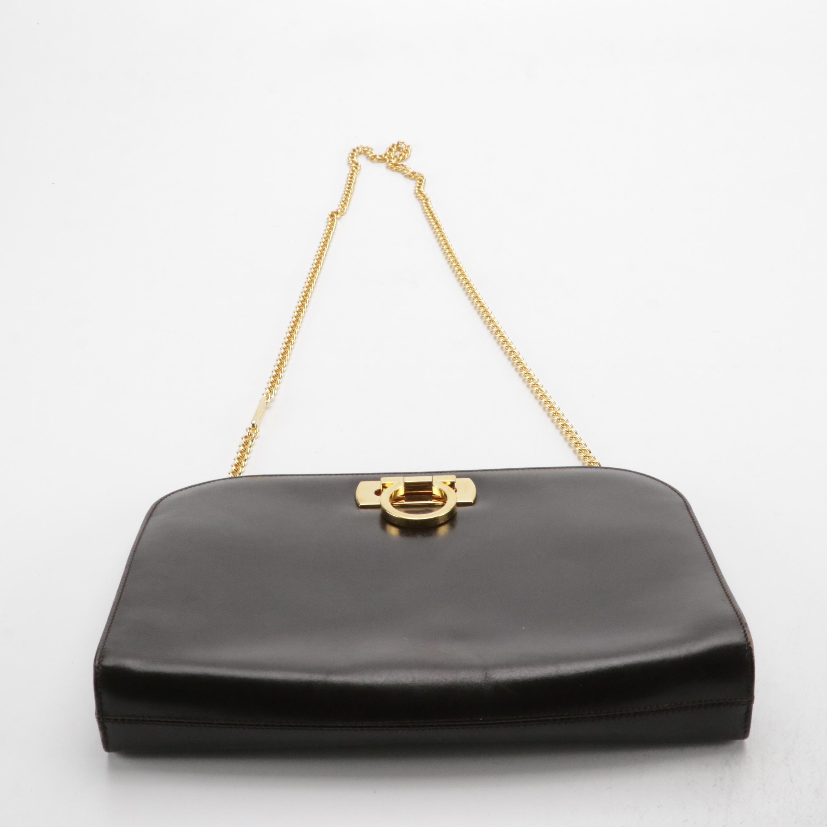Salvatore Ferragamo Gancini Closure Chain Link Crossbody in Dark Brown Leather