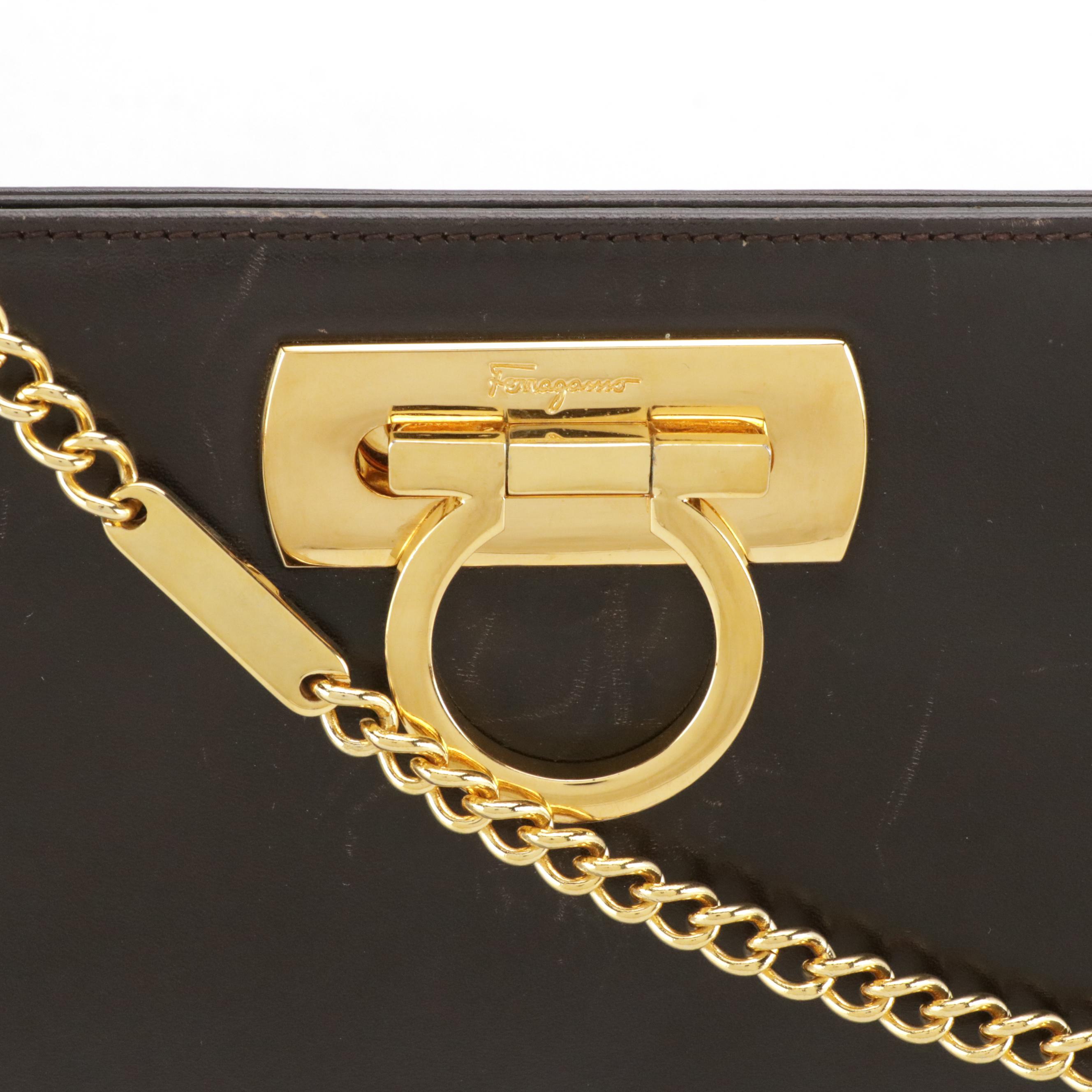 Salvatore Ferragamo Gancini Closure Chain Link Crossbody in Dark Brown Leather