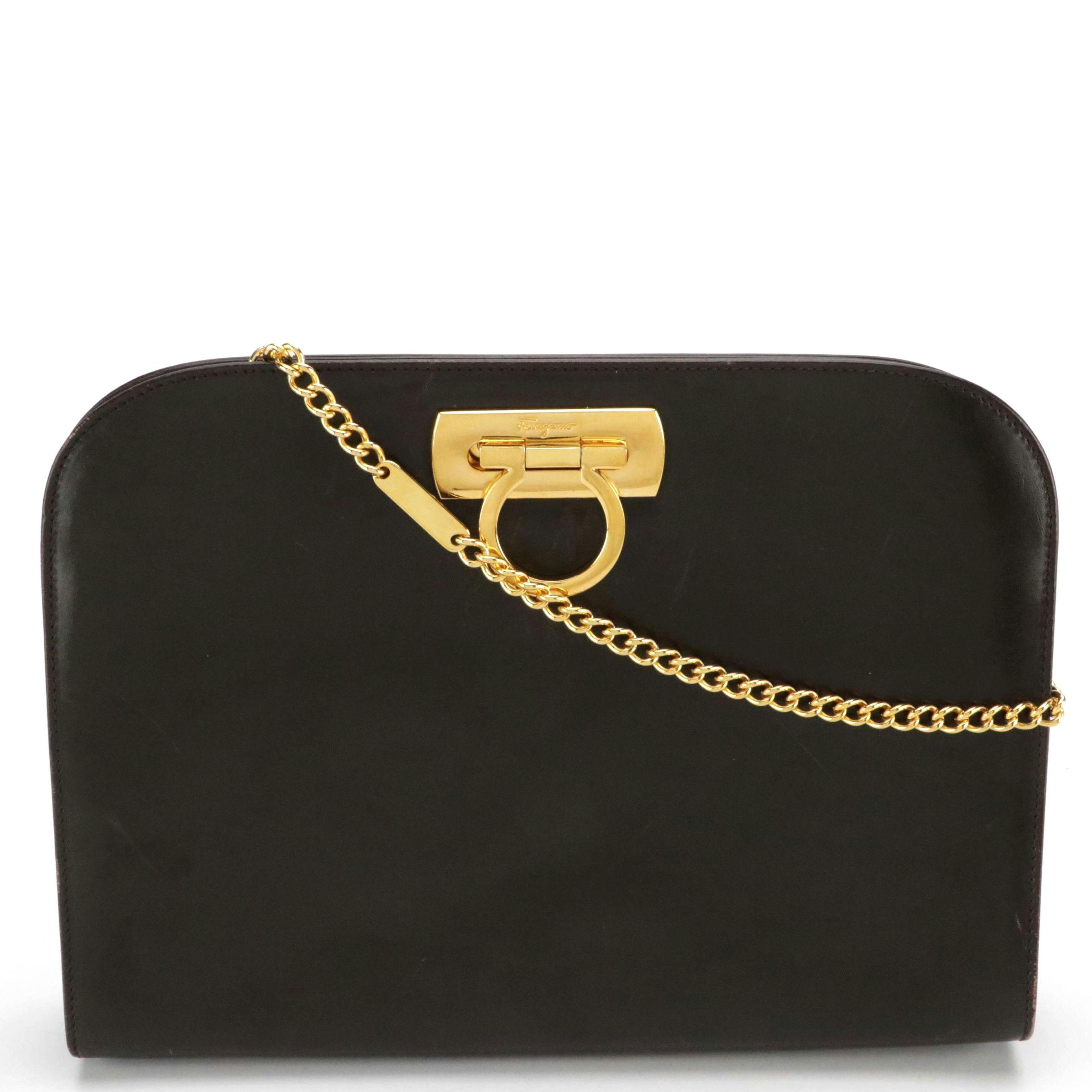 Salvatore Ferragamo Gancini Closure Chain Link Crossbody in Dark Brown Leather