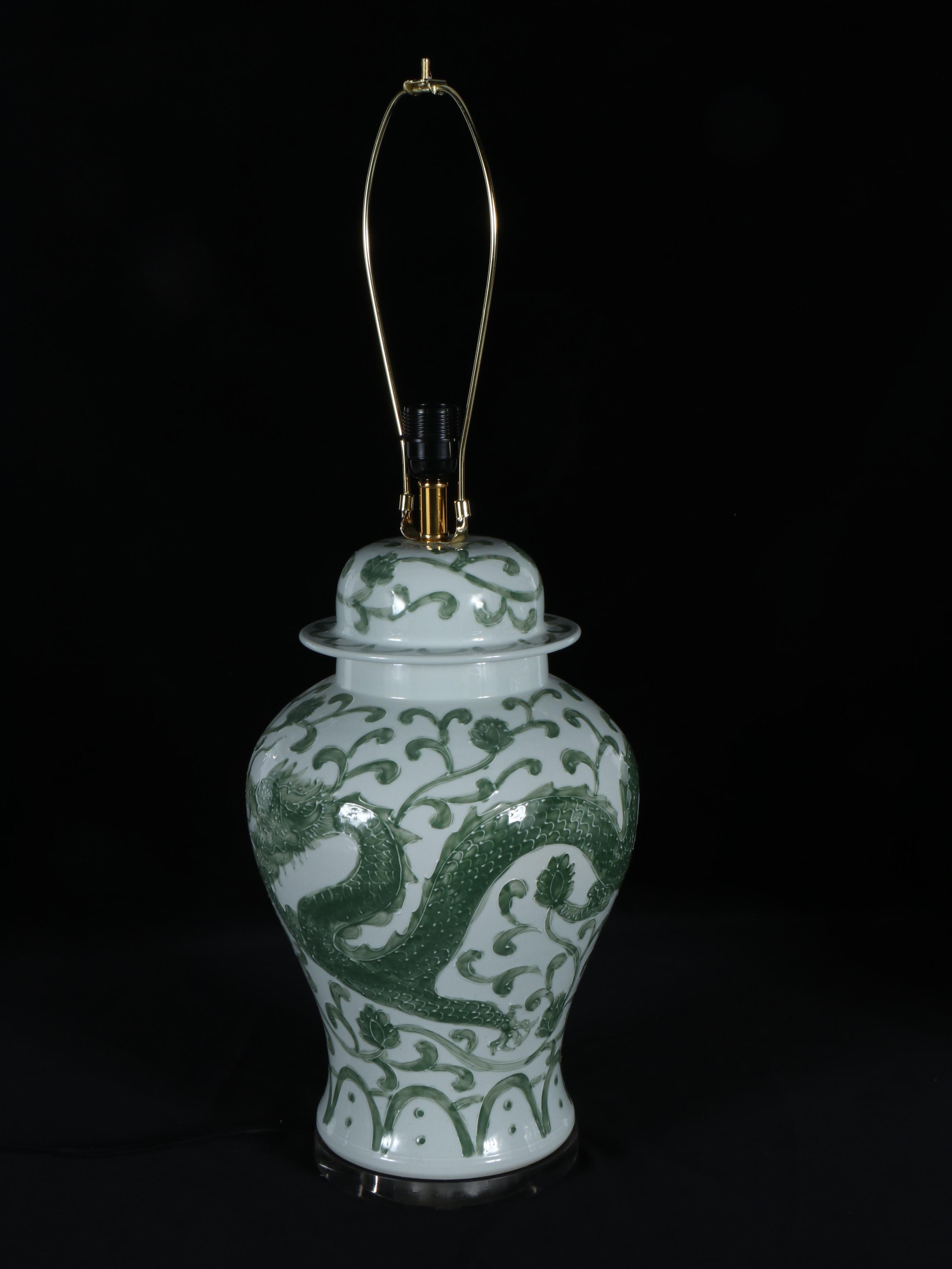 Chinese Green Dragon Porcelain Ginger Jar Table Lamp with Drum Shade