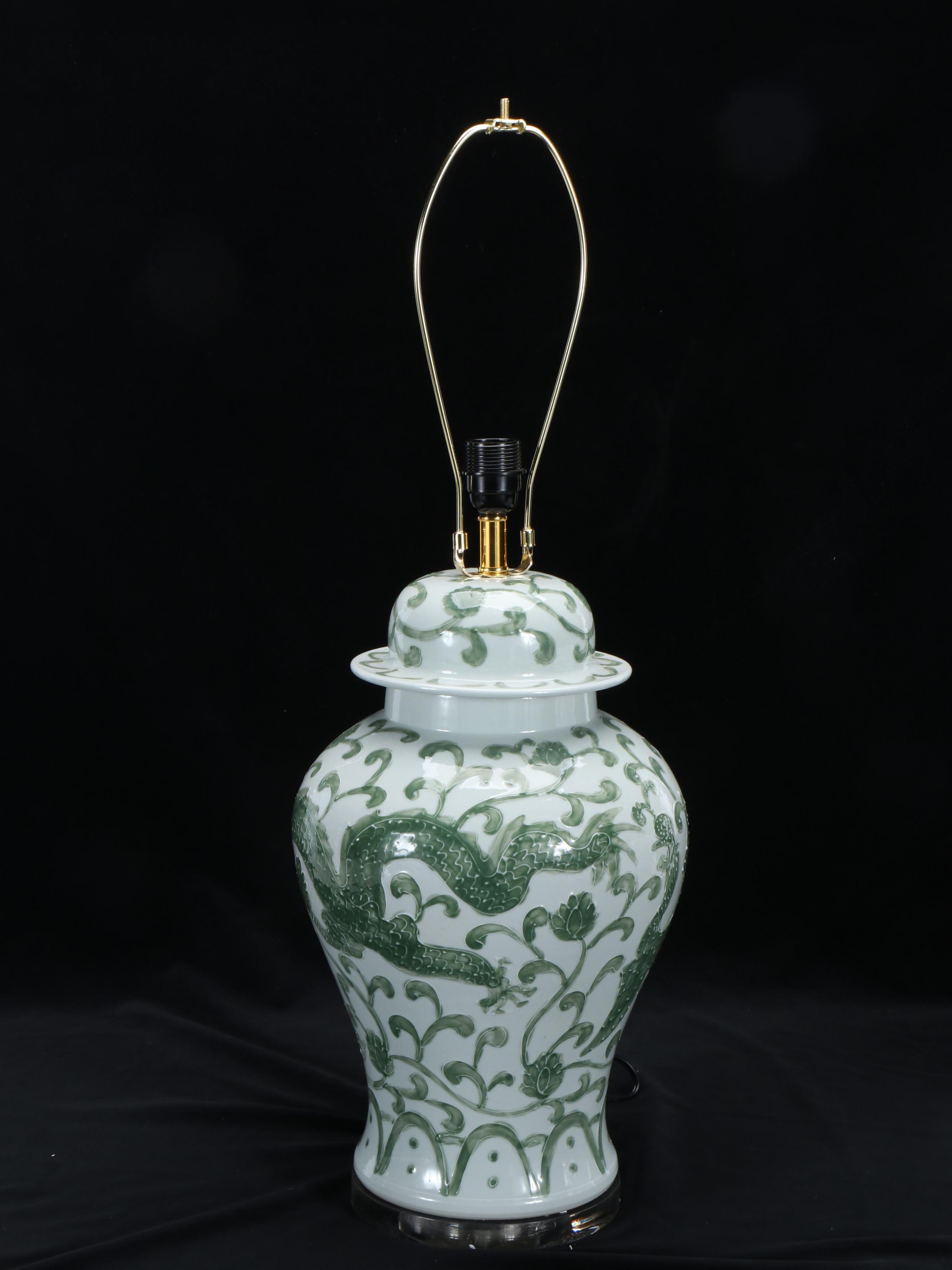 Chinese Green Dragon Porcelain Ginger Jar Table Lamp with Drum Shade