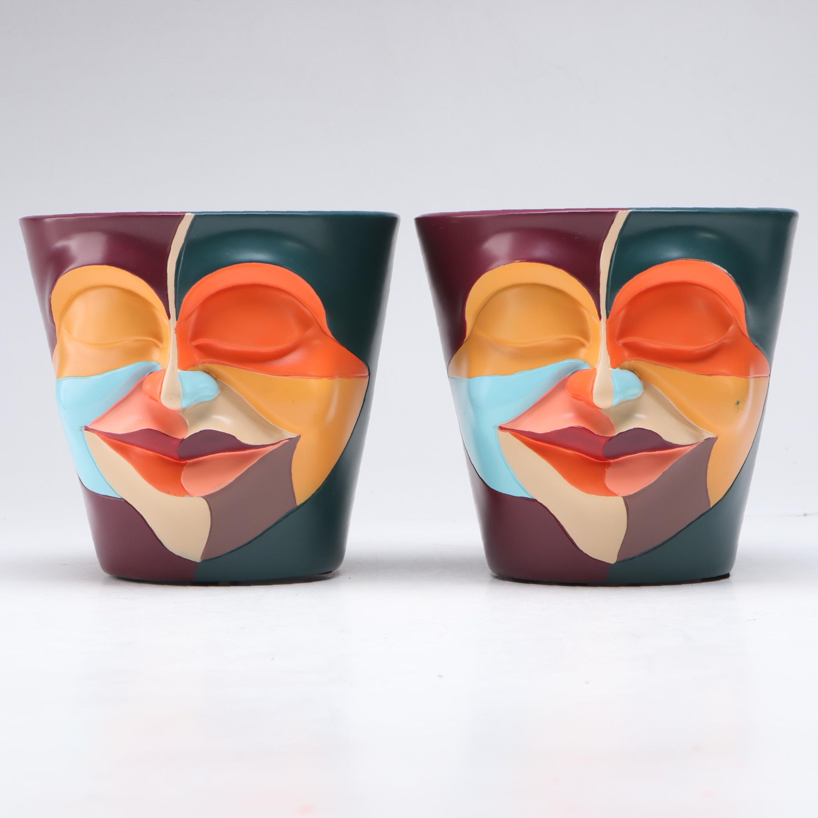 Pair of Contemporary Abstract Rainbow Face Ceramic Planters