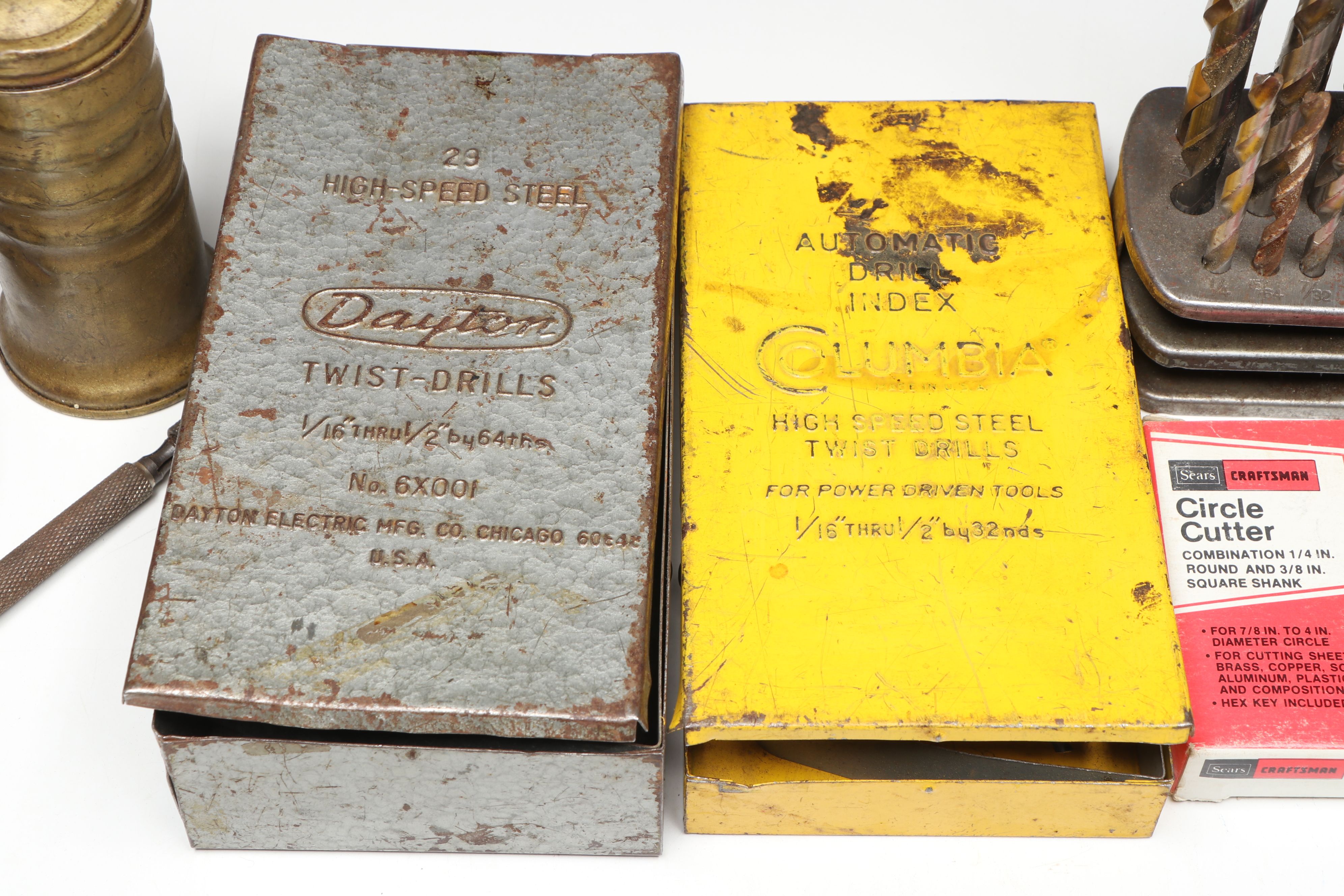 Dayton and Other Drill Bits, and Cases with Eagle and Copper Oil Cans