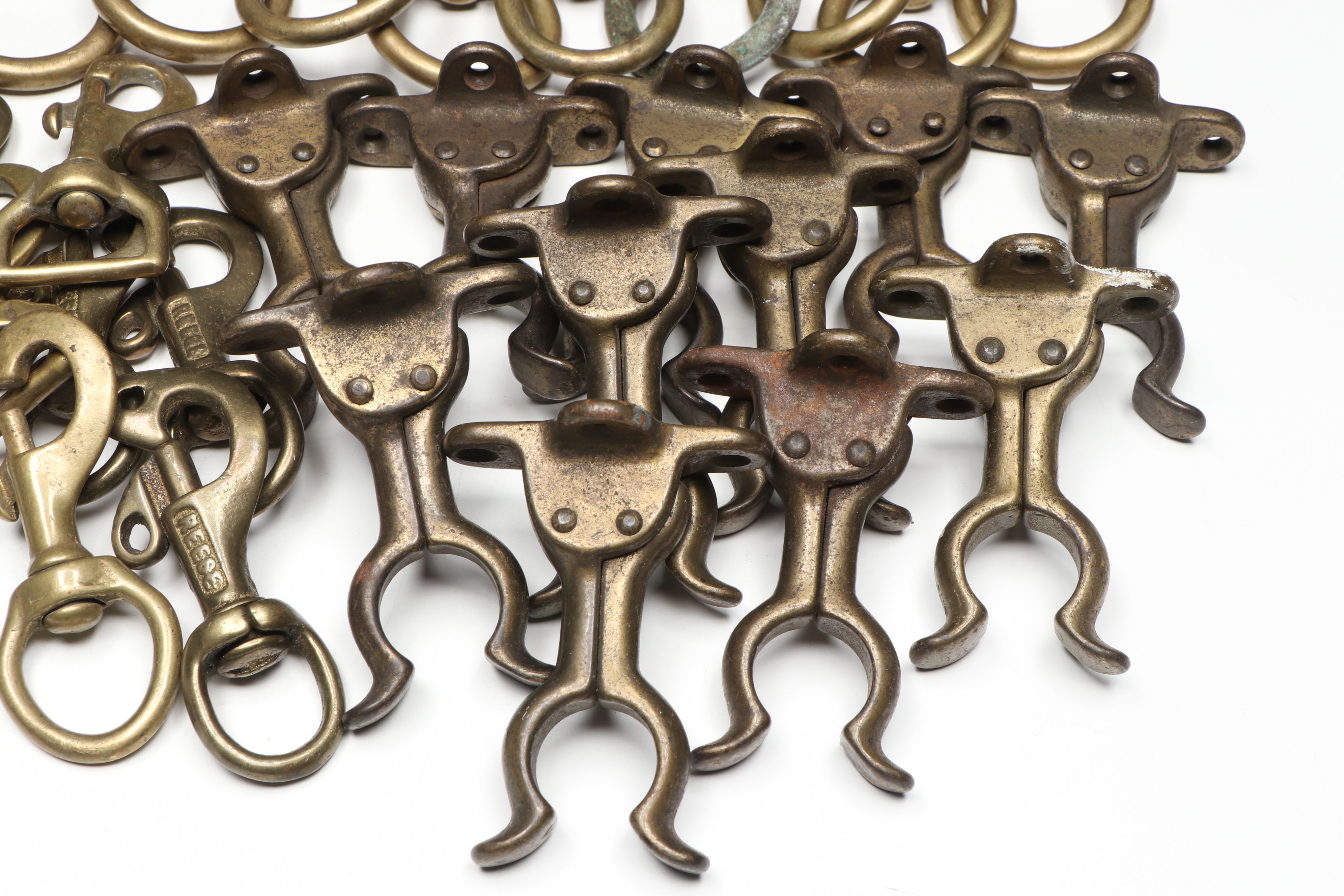 Reese and Other Brass Bolt Snaps with Broom Holders and Coated S-Hooks