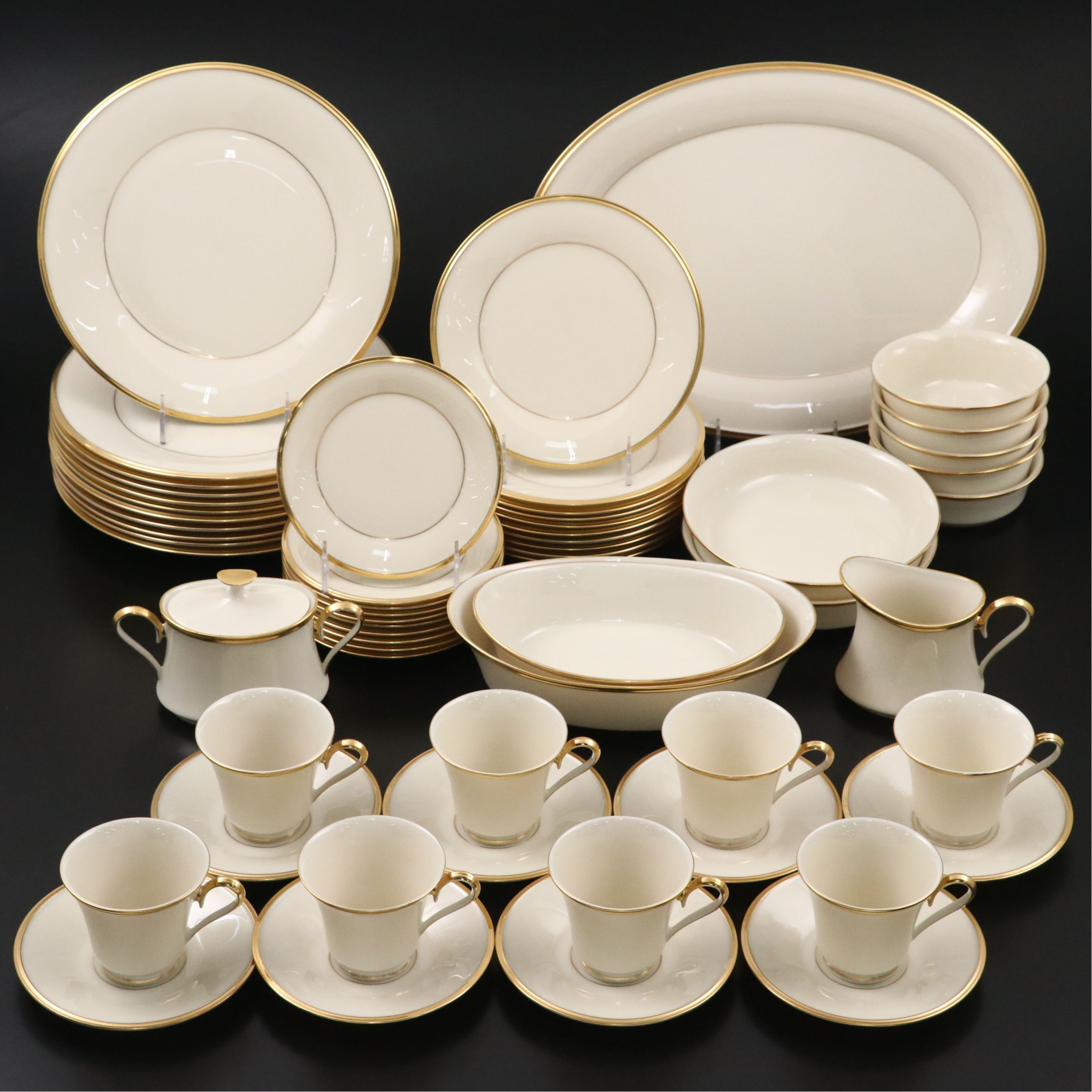 Lenox "Eternal" Gilt Rimmed Ivory Porcelain Dinnerware and Serving Pieces