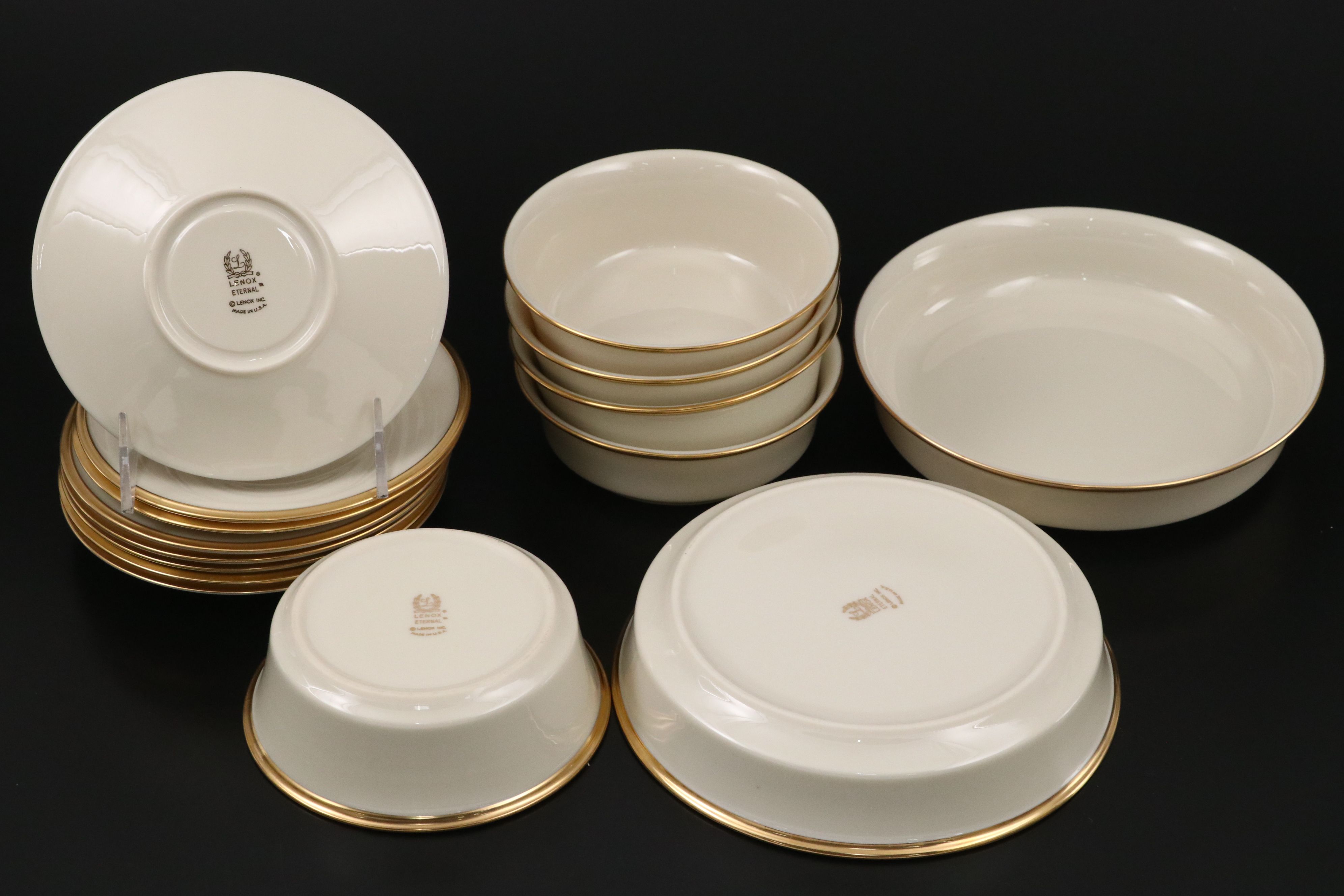 Lenox "Eternal" Gilt Rimmed Ivory Porcelain Dinnerware and Serving Pieces