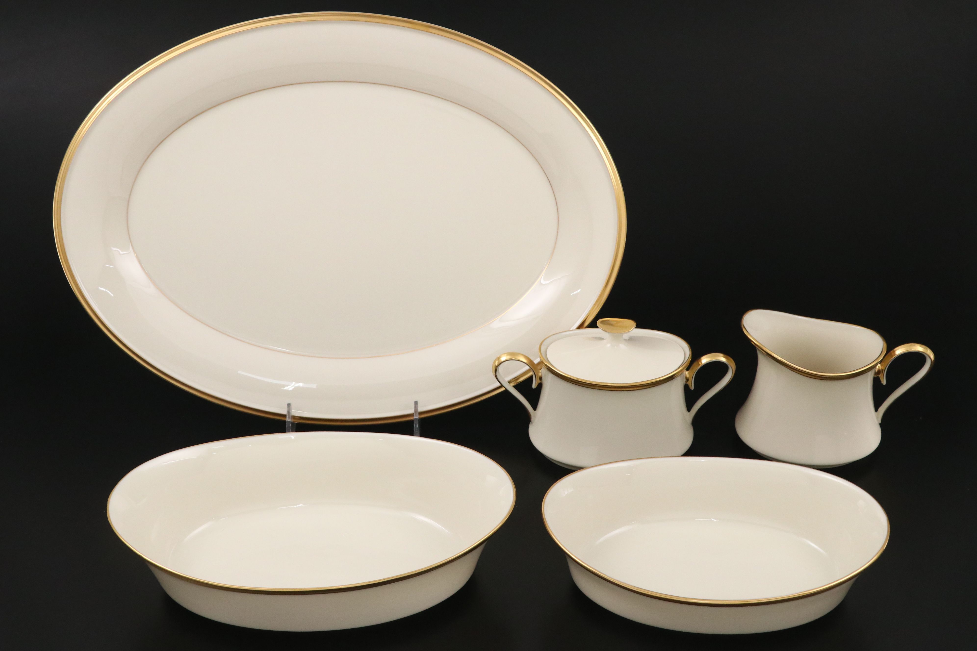 Lenox "Eternal" Gilt Rimmed Ivory Porcelain Dinnerware and Serving Pieces