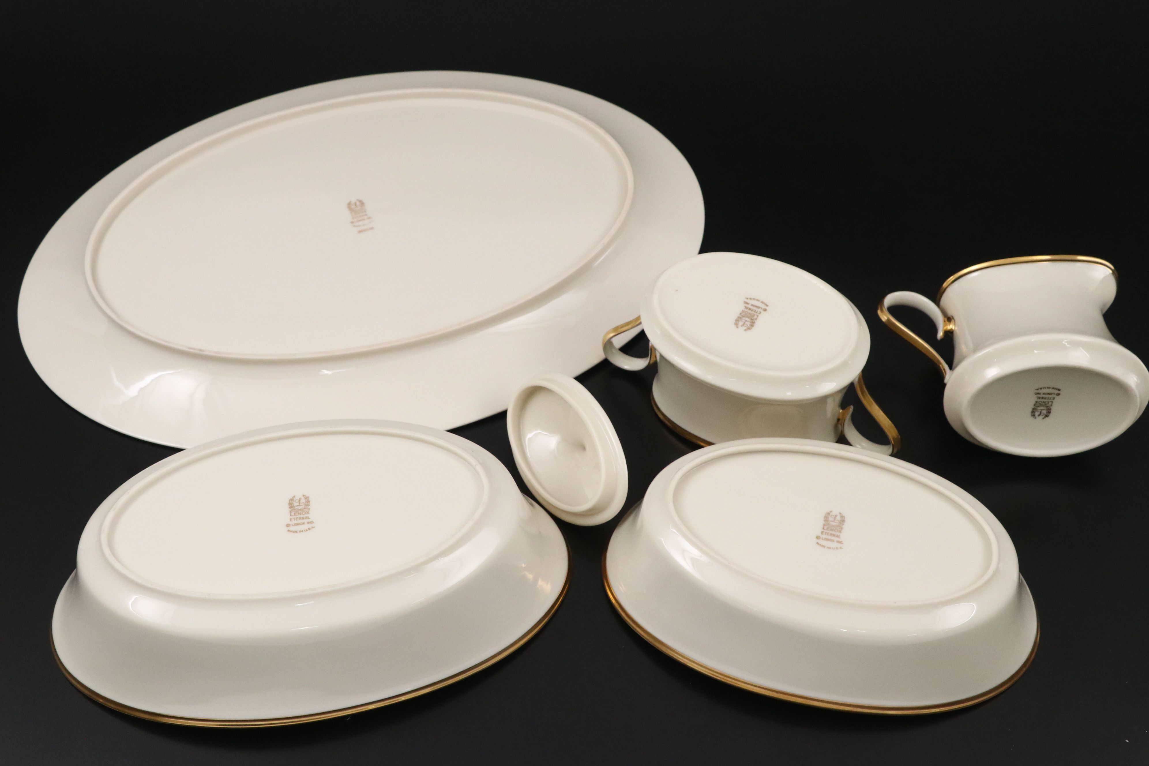 Lenox "Eternal" Gilt Rimmed Ivory Porcelain Dinnerware and Serving Pieces