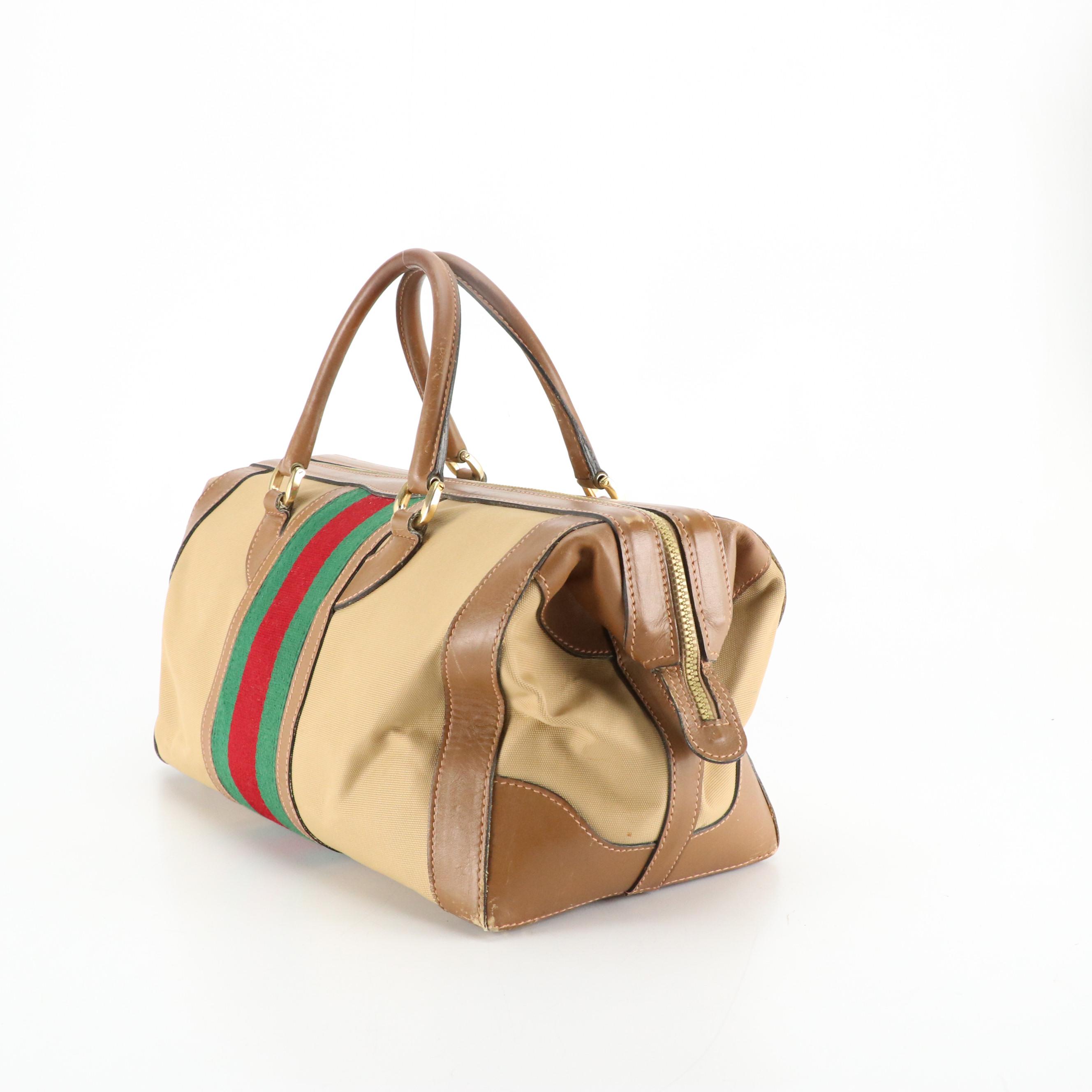 Gucci Web Stripe Boston Bag in Nylon Canvas and Leather, 1970s