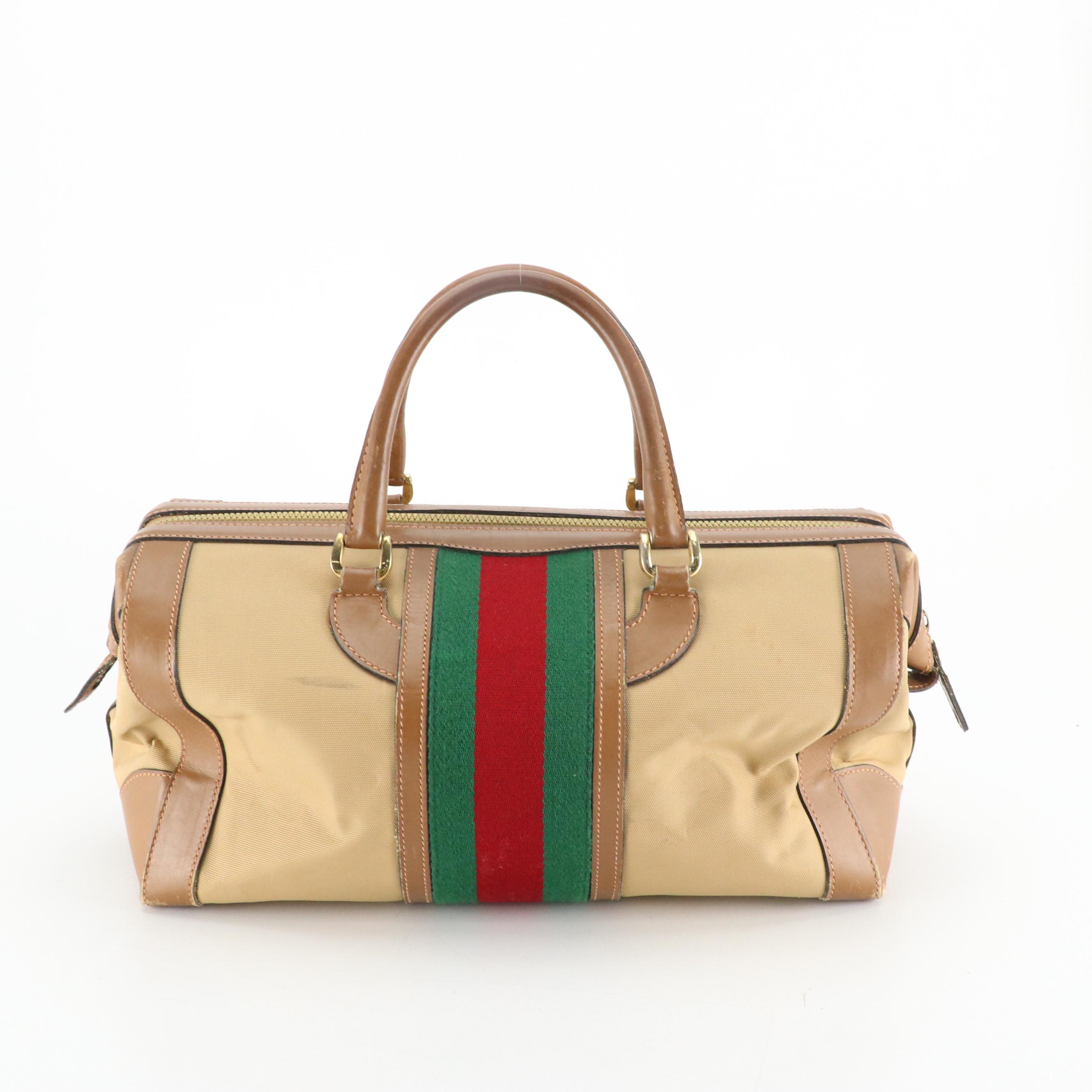 Gucci Web Stripe Boston Bag in Nylon Canvas and Leather, 1970s