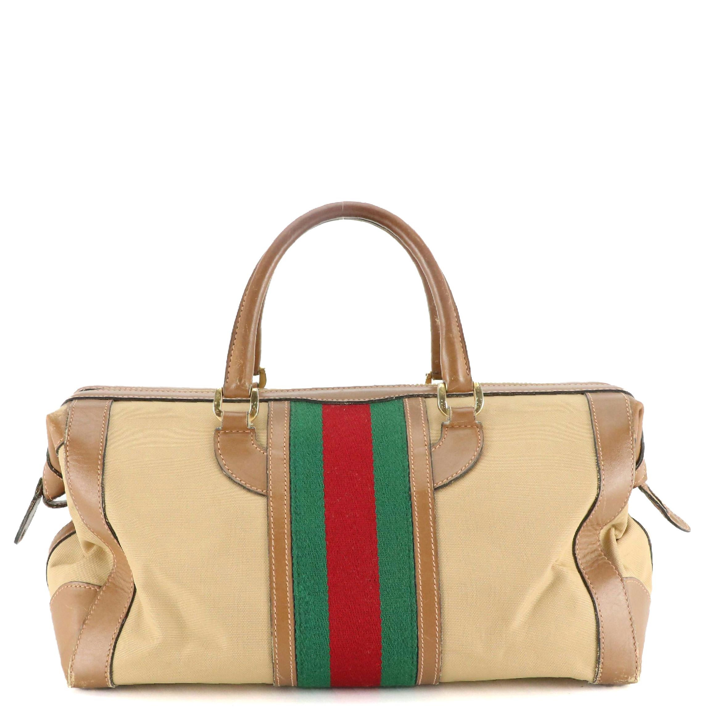 Gucci Web Stripe Boston Bag in Nylon Canvas and Leather, 1970s