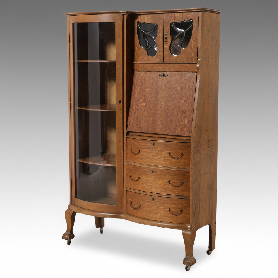 Late Victorian Oak Side-by-Side Secretary Bookcase with Beveled Glass