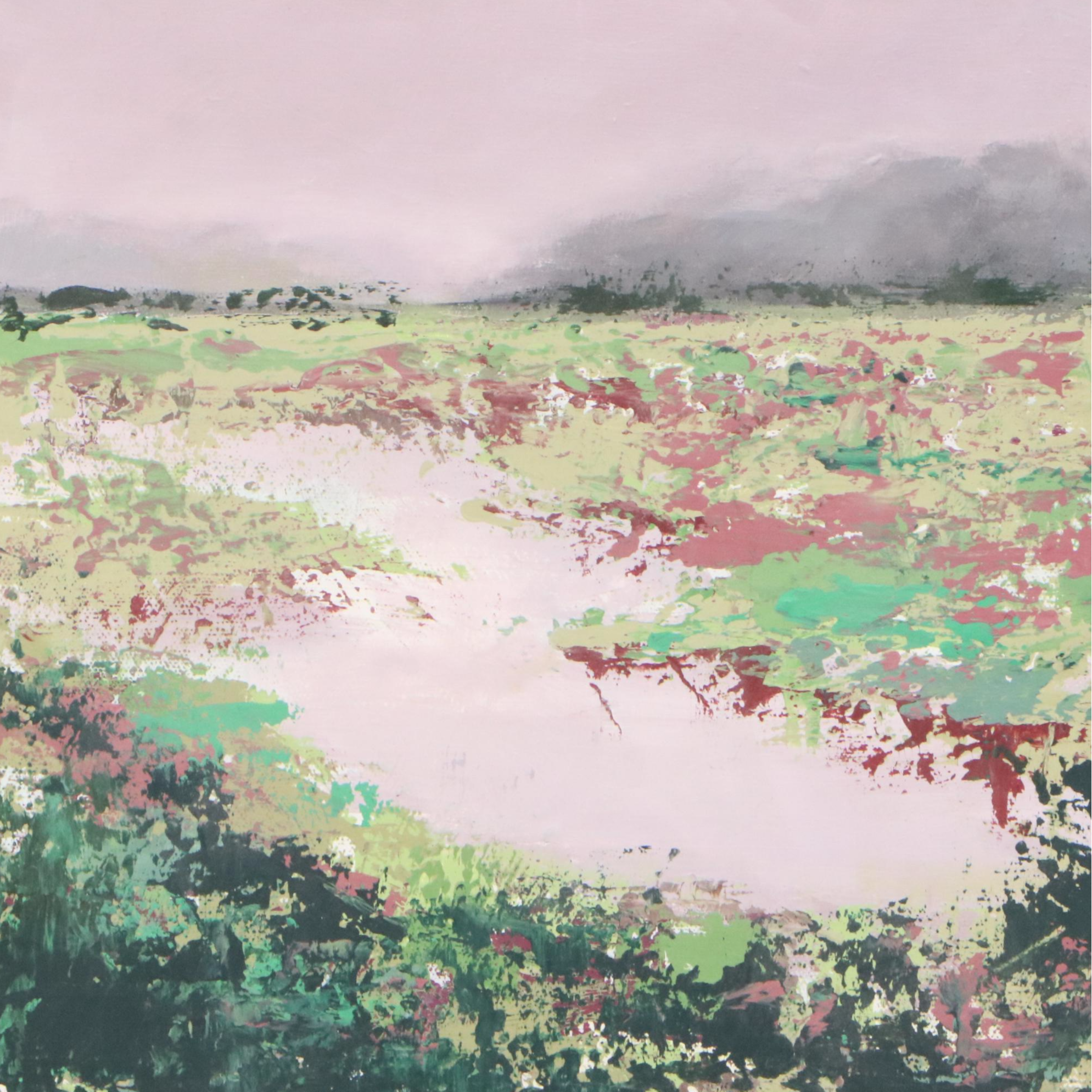 Abstract Acrylic Painting of Landscape with River, Early 21st Century