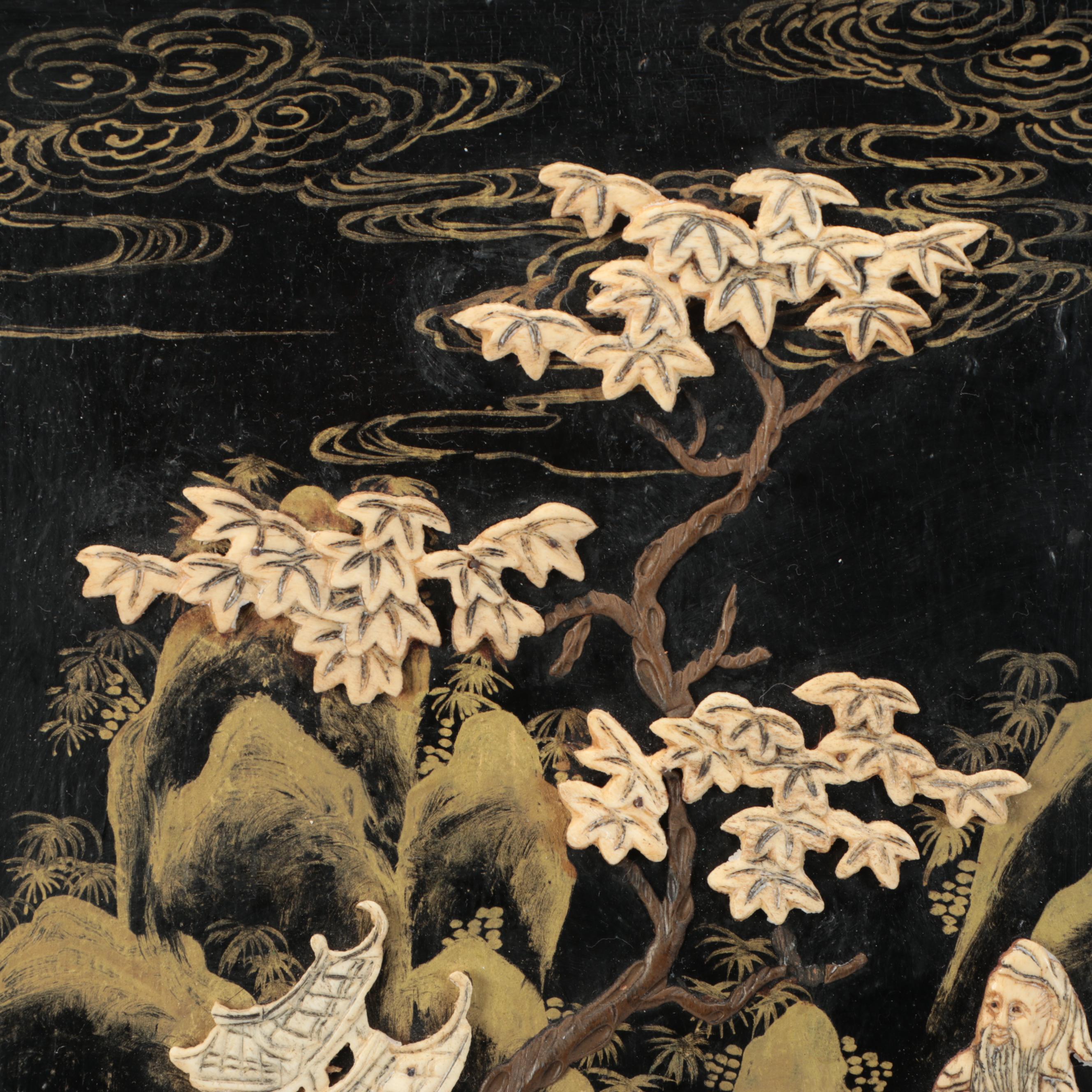 Chinese Gilt and Inlaid Figural Wood Panel, 19th Century