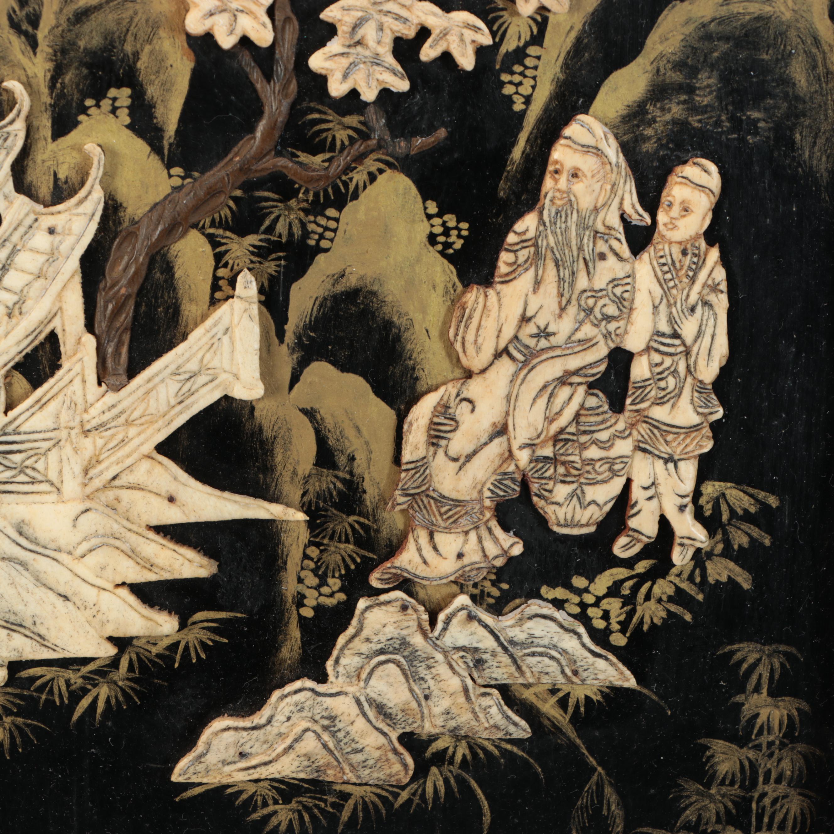 Chinese Gilt and Inlaid Figural Wood Panel, 19th Century