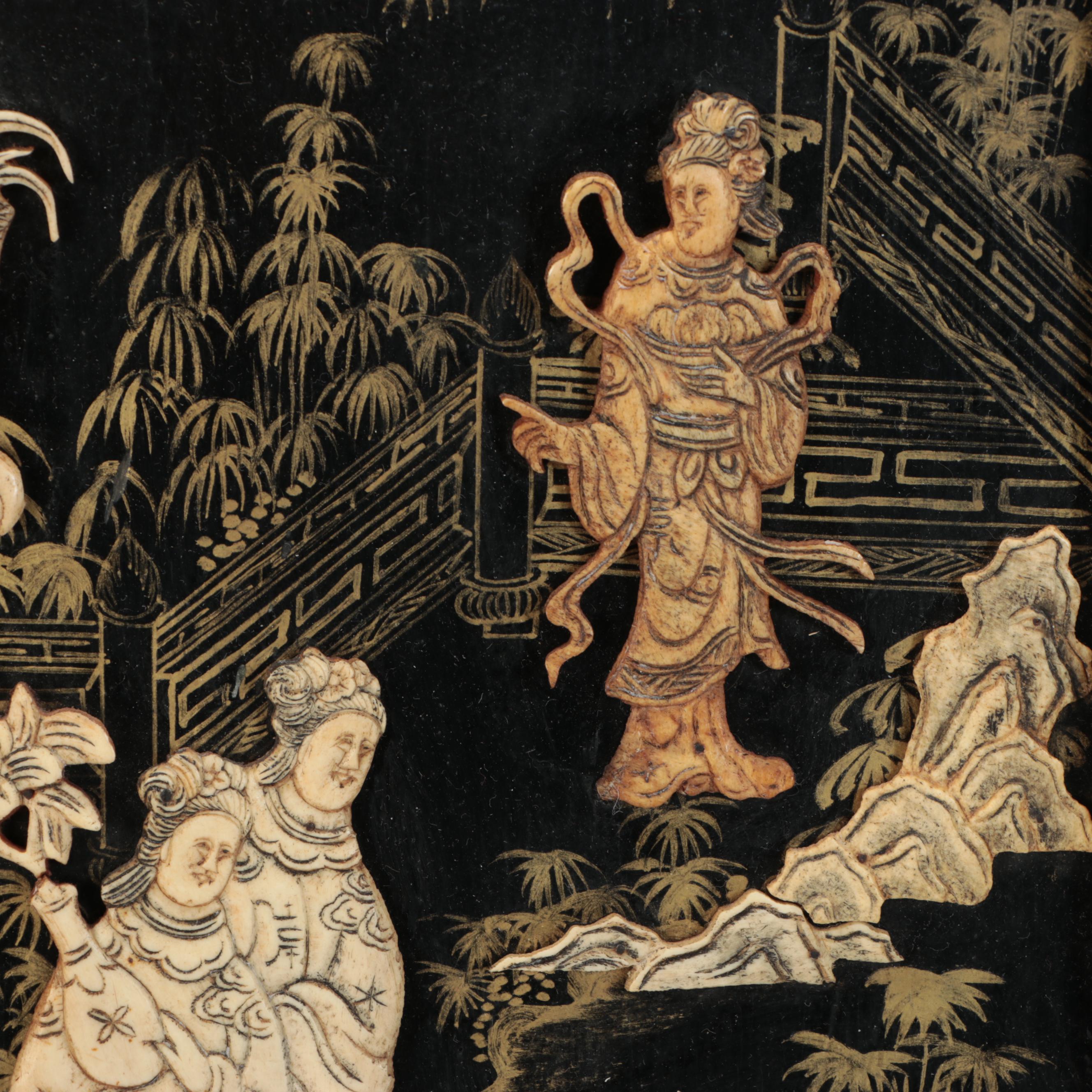 Chinese Gilt and Inlaid Figural Wood Panel, 19th Century