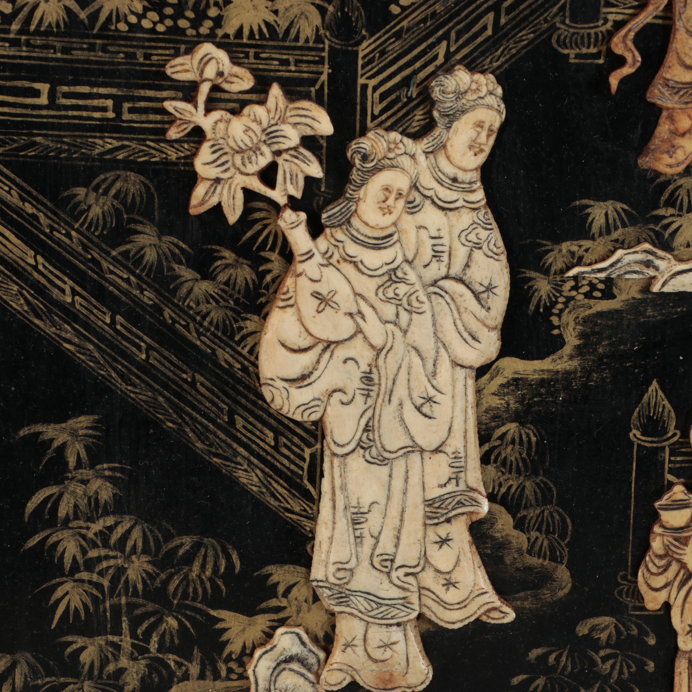 Chinese Gilt and Inlaid Figural Wood Panel, 19th Century