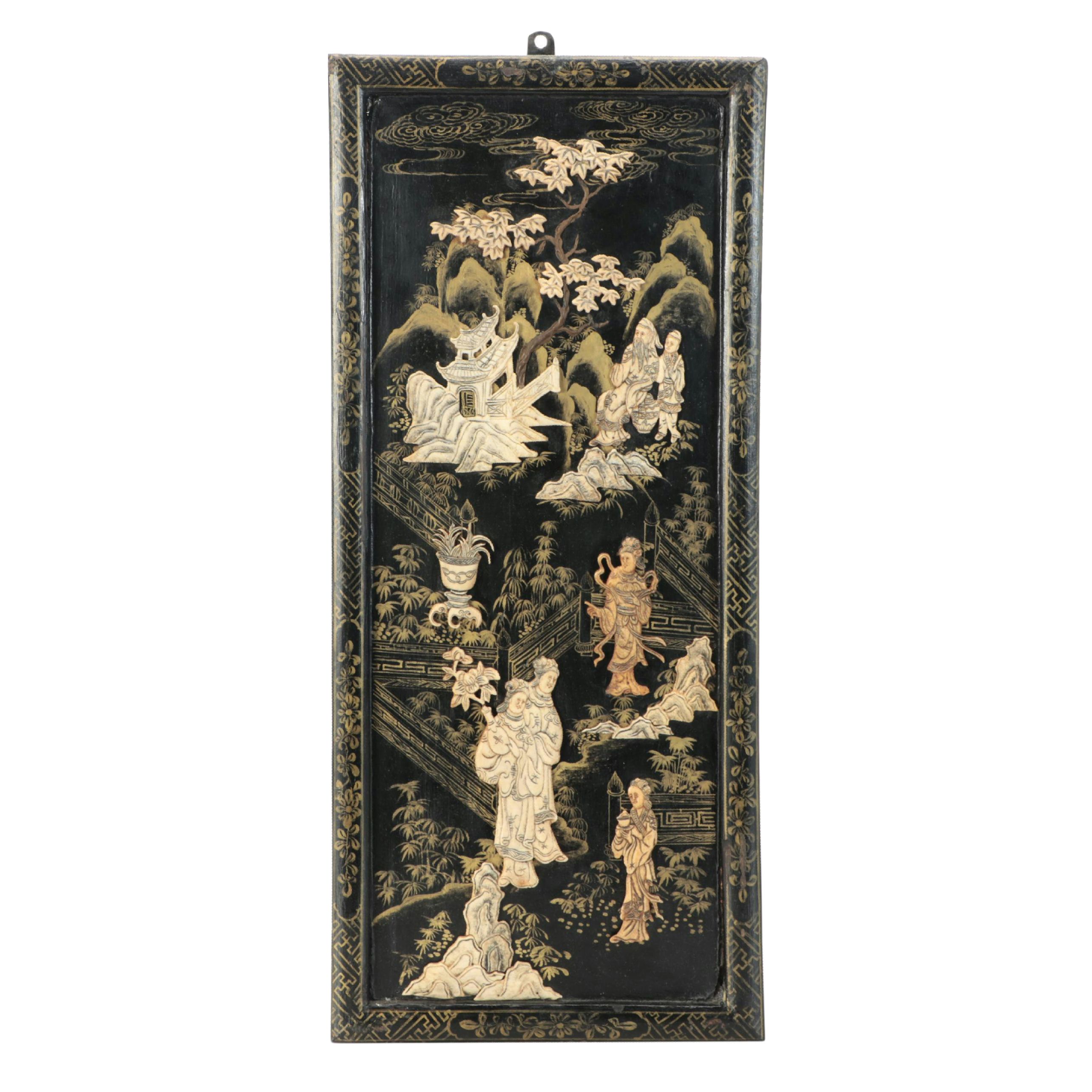 Chinese Gilt and Inlaid Figural Wood Panel, 19th Century