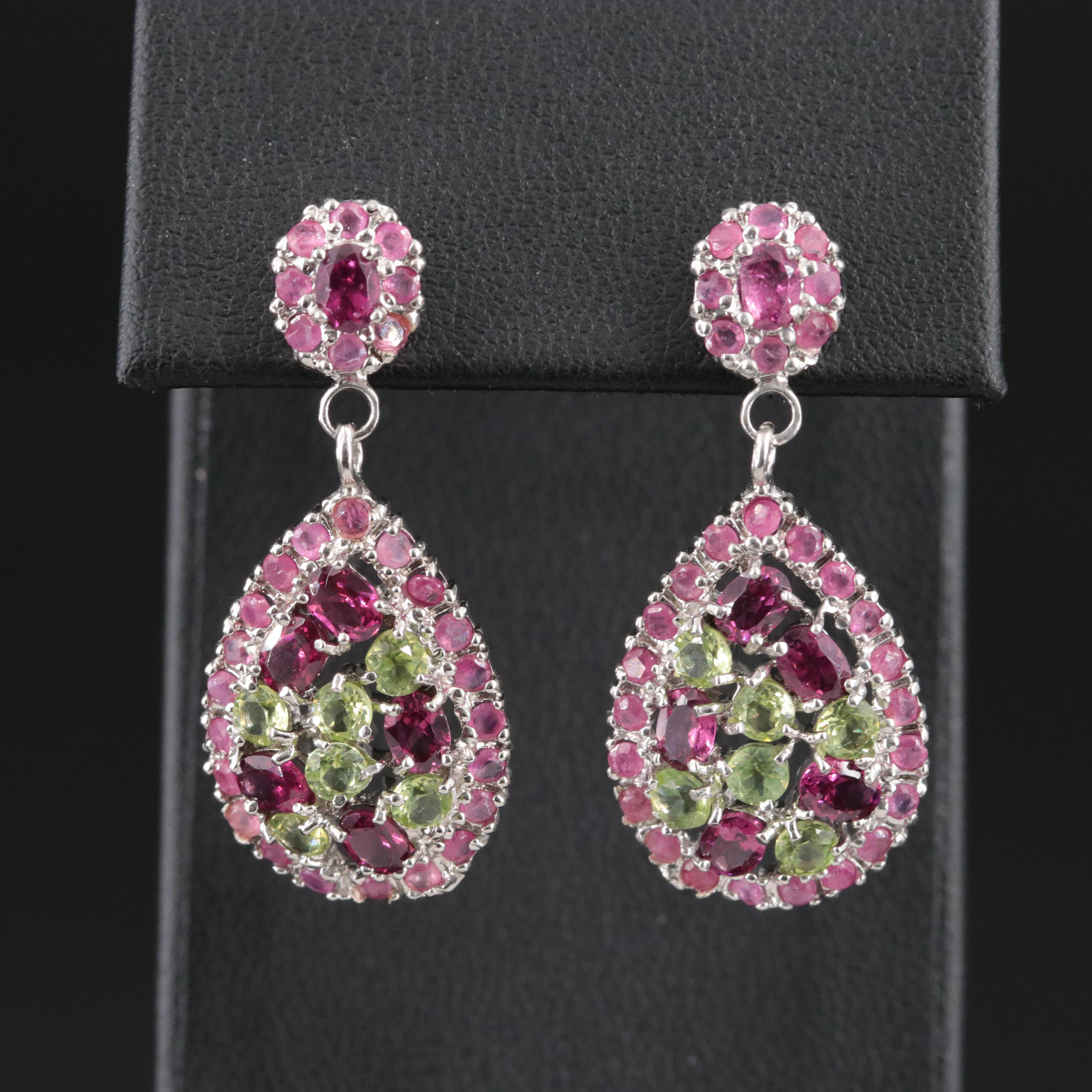 Sterling Ruby, Garnet and Peridot Pendant Earrings